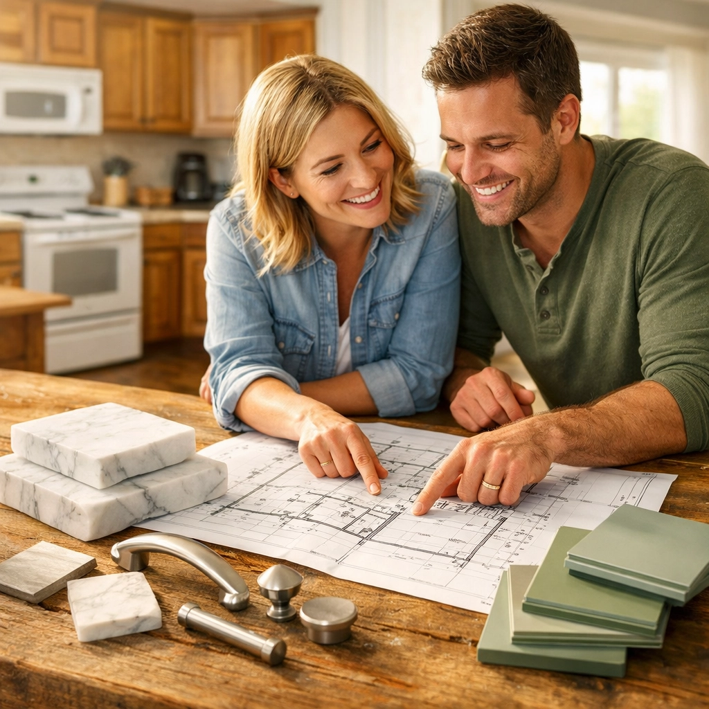 A couple planning a kitchen remodel in Bucks County with blueprints and stone samples.