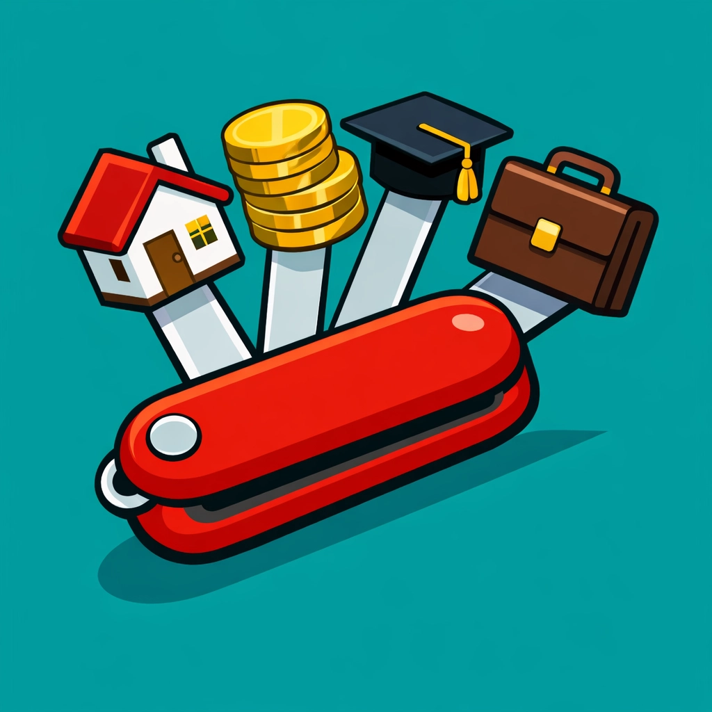 A multi-tool illustration showing financial assets like a house and coins, representing permanent life insurance benefits.