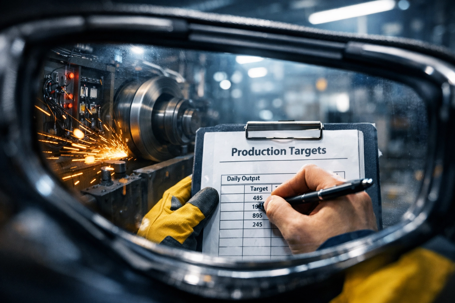 Industrial hazard reflected in safety goggles while worker focuses elsewhere, showing blind spot