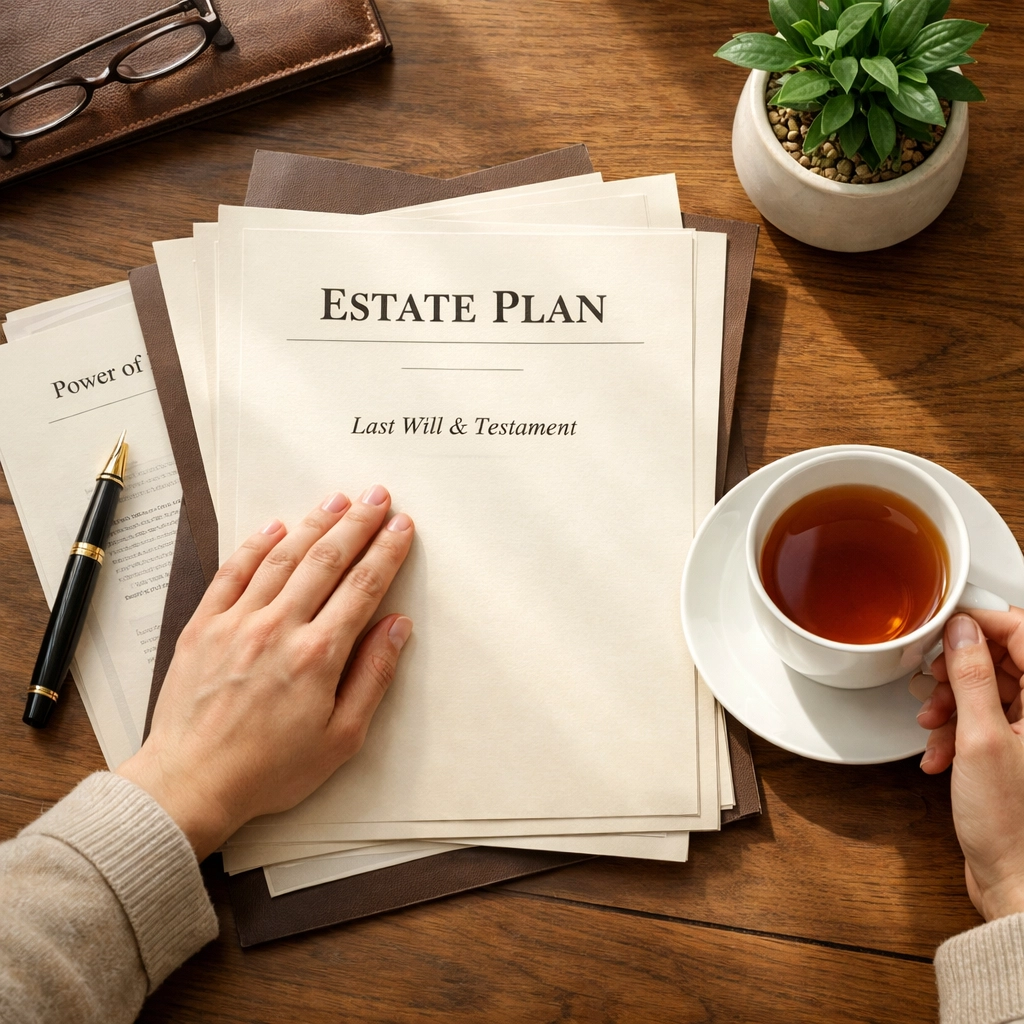 Estate planning documents and will being reviewed at dining table