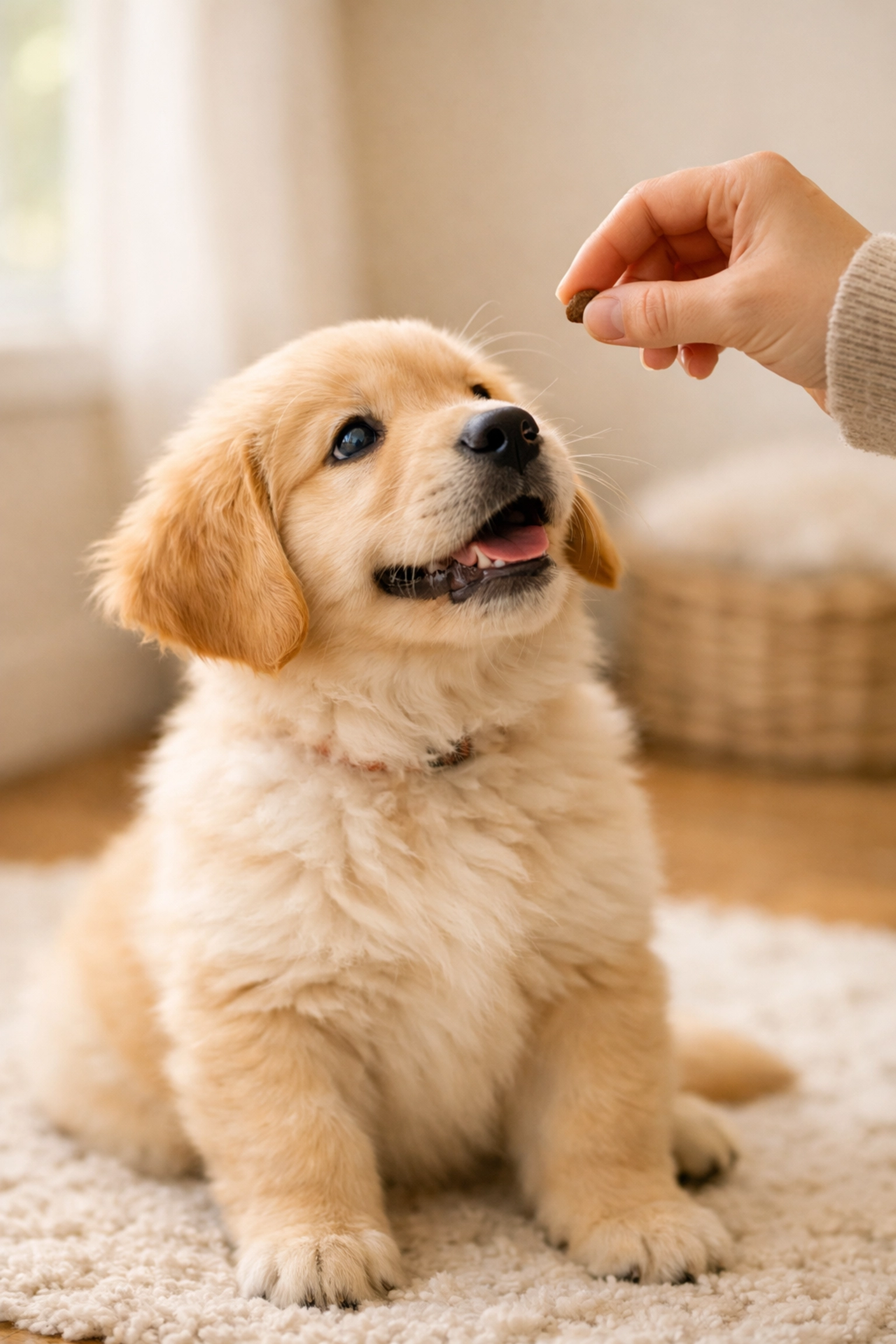 Golden Retriever puppy receiving a treat during a positive socialization and training session.
