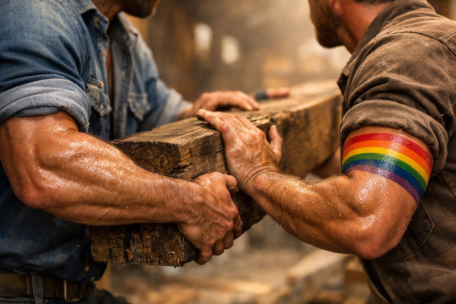 Muscular handymen with a pride tattoo lifting a wood beam, a popular trope in gay romance novels.