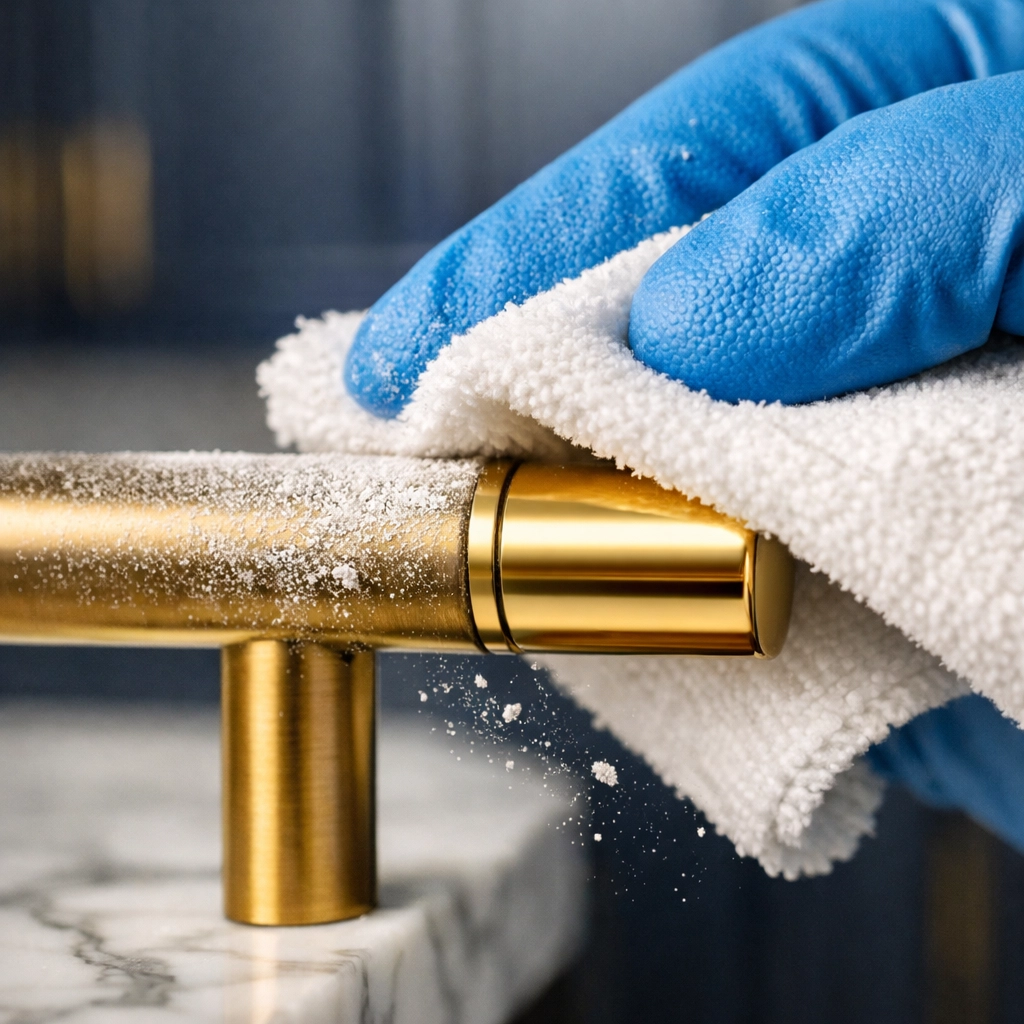 Microfiber cloth removing drywall dust from hardware during detailed post-construction cleaning MA.