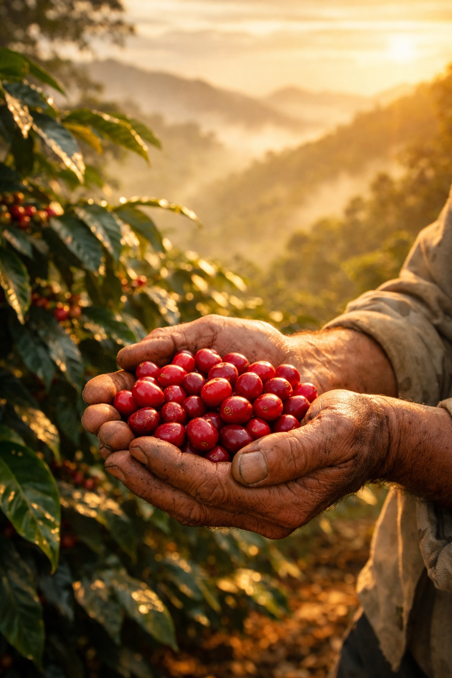 Coffee farmer hands holding fresh coffee cherries from sustainable coffee farm