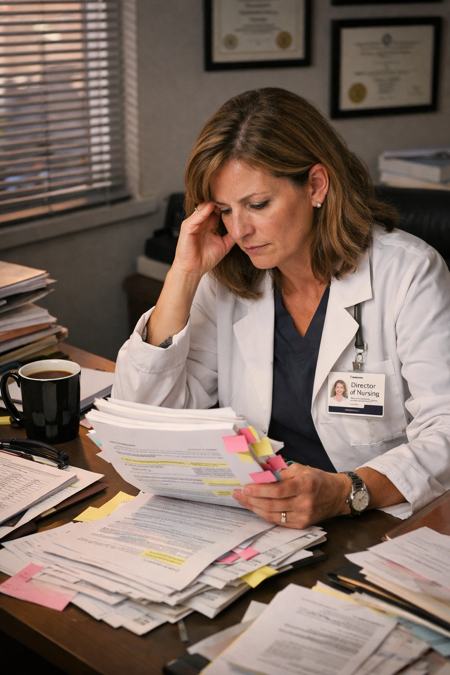 Director of Nursing reviewing survey reports at desk in long term care facility