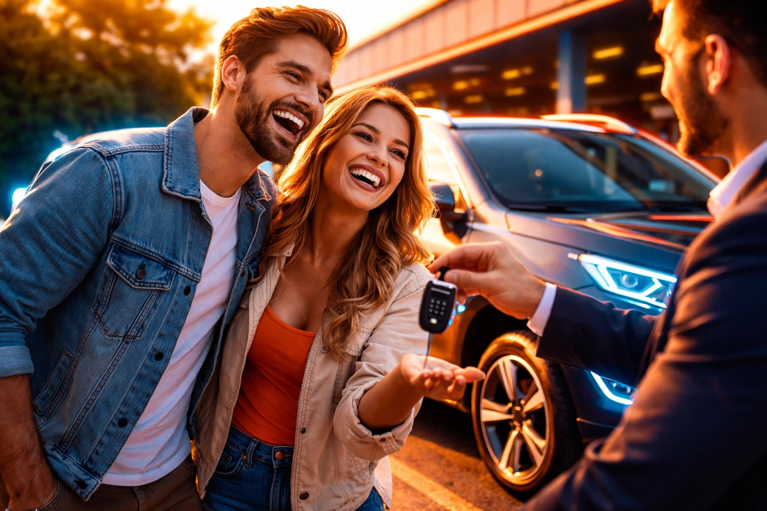 Happy couple receiving car keys at Grateful Motors during same-day Sign & Drive car purchase