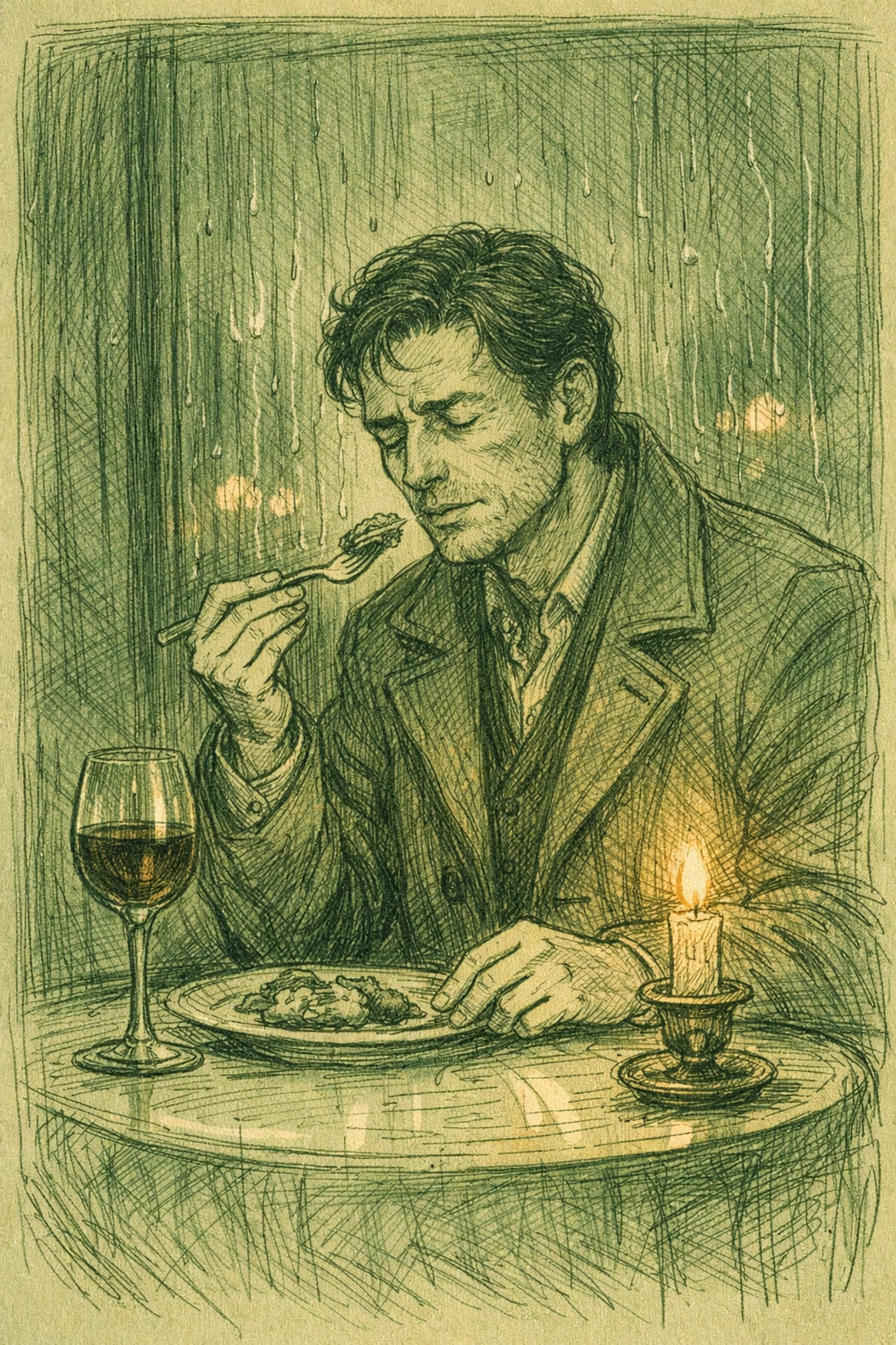 Food critic experiences emotional memory while dining alone at candlelit bistro table