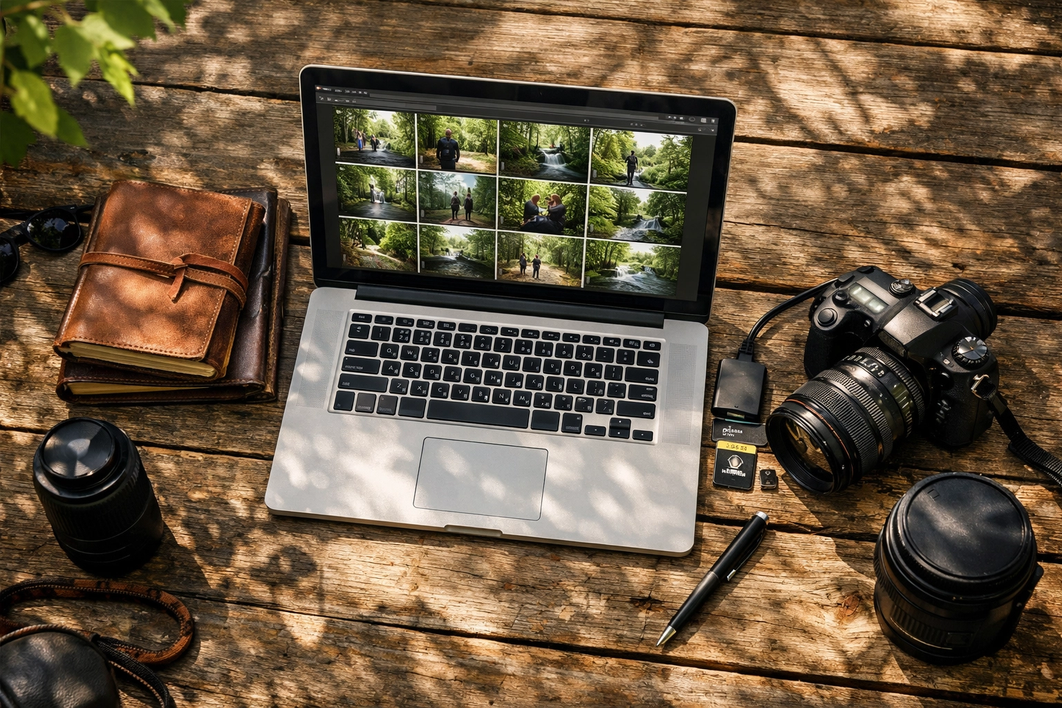 The Ultimate Guide to Professional File Compression: Speed Up Your Workflow With Pixel-Shrink.com 2 Photographer's desk with a laptop displaying optimized photos for a professional photography portfolio.
