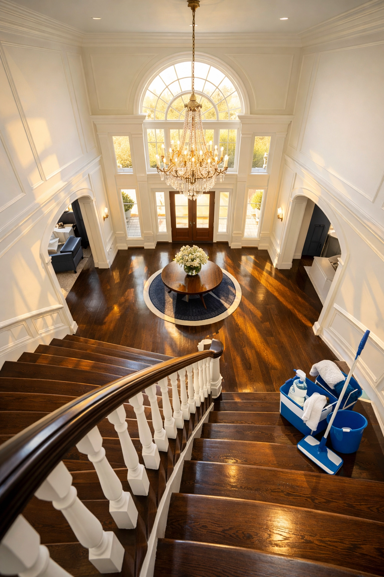 Pristine grand foyer with polished hardwood floors in a Hamilton estate representing luxury house cleaning standards.
