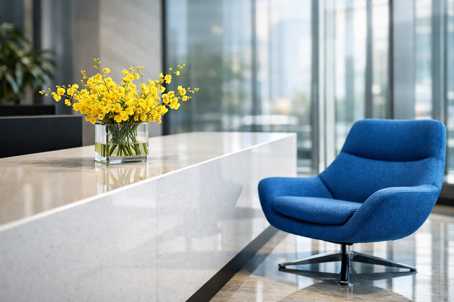 Spotless corporate office lobby in Peabody featuring pristine surfaces and professional janitorial services.