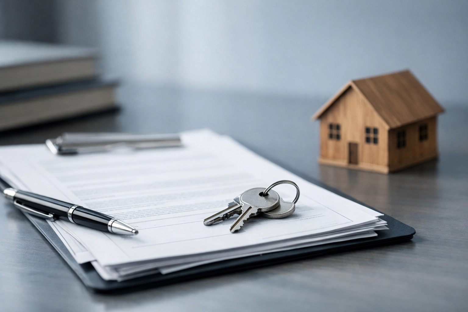 Property deed paperwork, house keys, and a small wooden house model on a clean desk