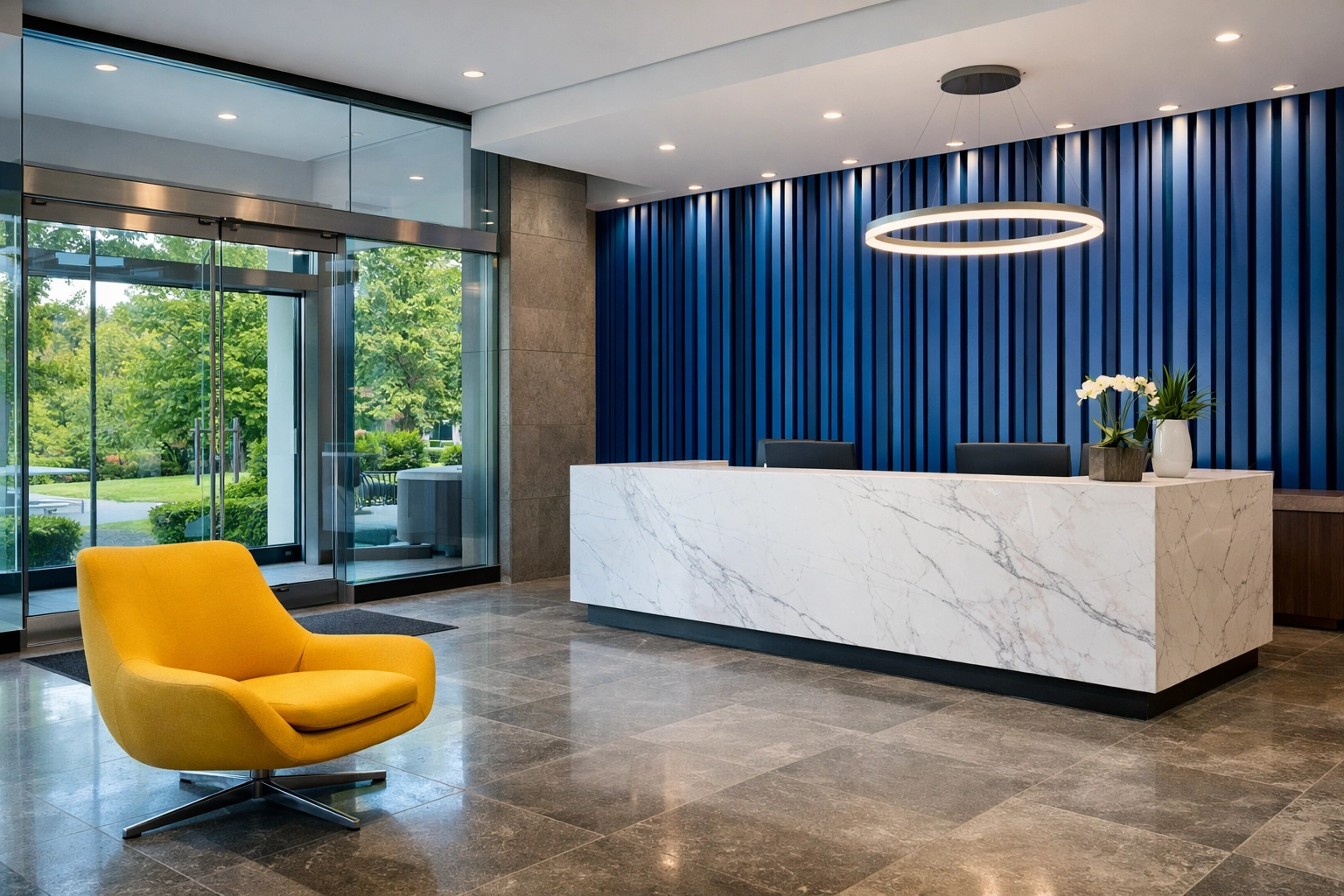 Spotless commercial lobby in Bedford with clean floors, reflecting professional local cleaning expertise.