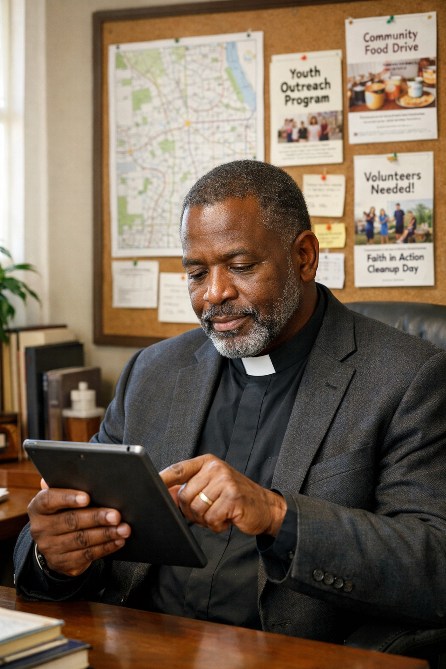 A church leader using digital tools to coordinate community outreach and local business partnerships from their office.