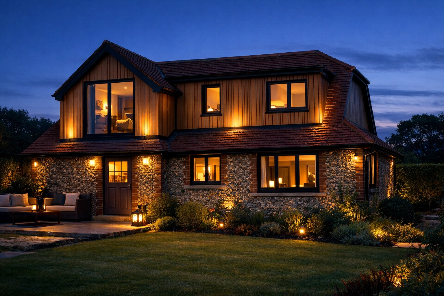 Completed bungalow second floor extension with modern cedar cladding in a Sussex garden.