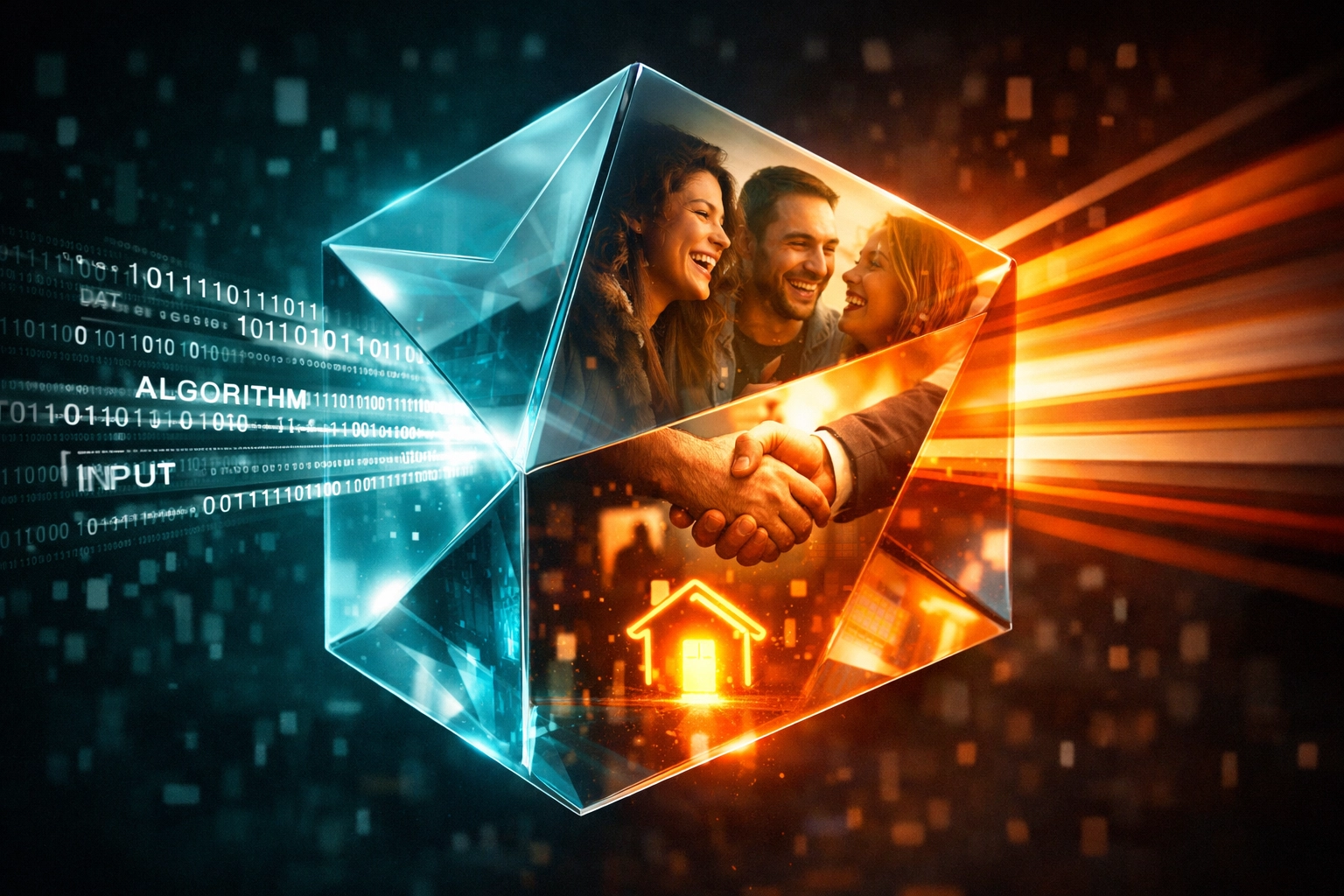 Digital data transforming into human connection scenes, showing user intent optimization for small business.