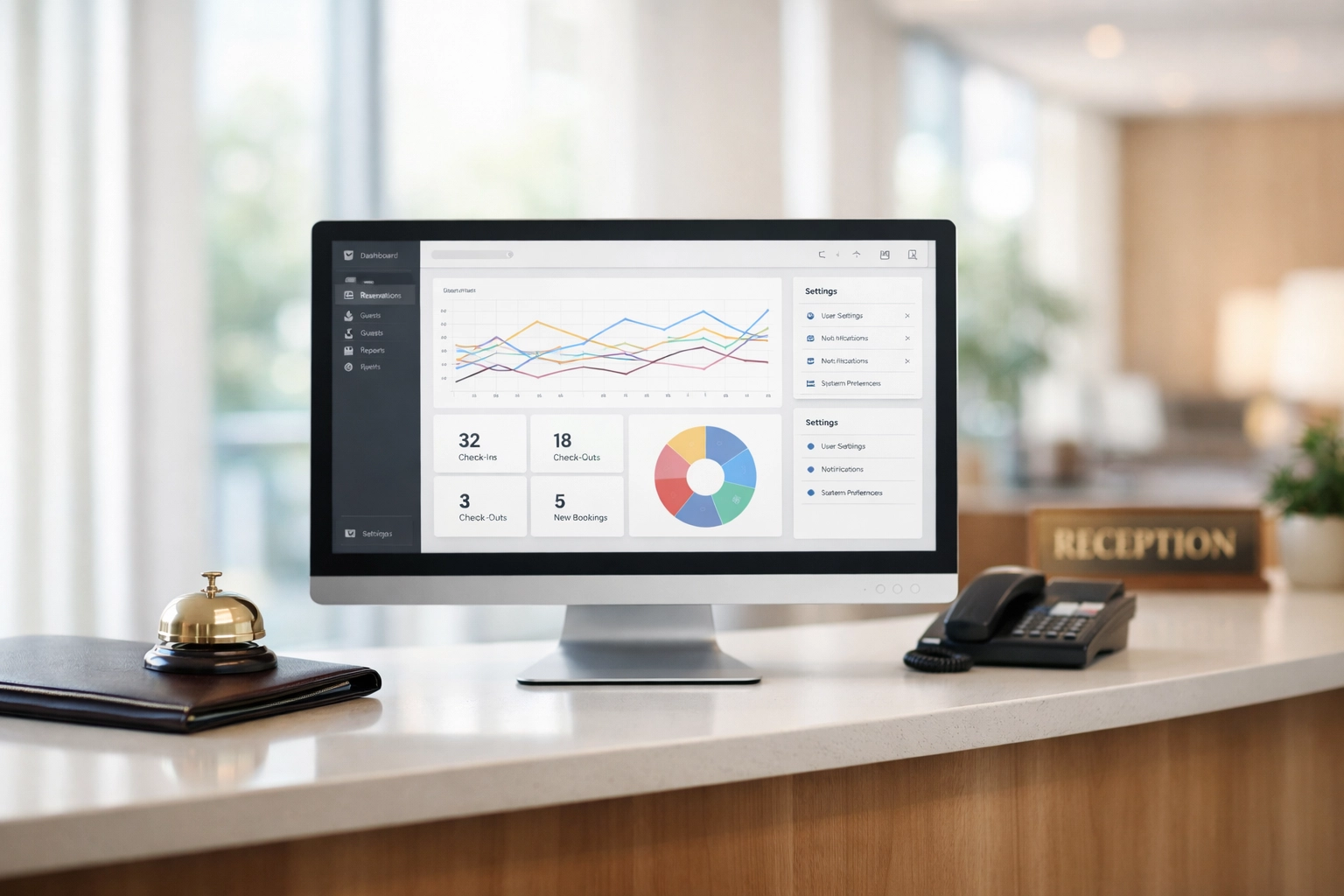 Hotel PMS dashboard showing configuration settings and performance graphs at reception desk