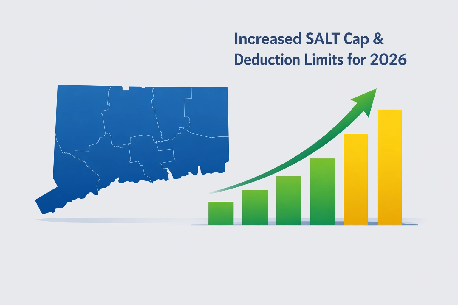 Map of Connecticut with graphs representing 2026 tax deduction increases and SALT cap updates.