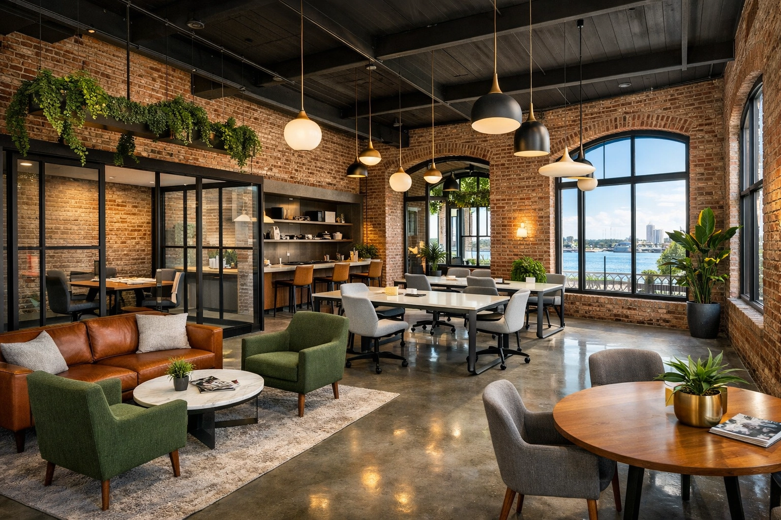 Modern commercial upfit in downtown Wilmington NC featuring industrial office design and historic brick walls.