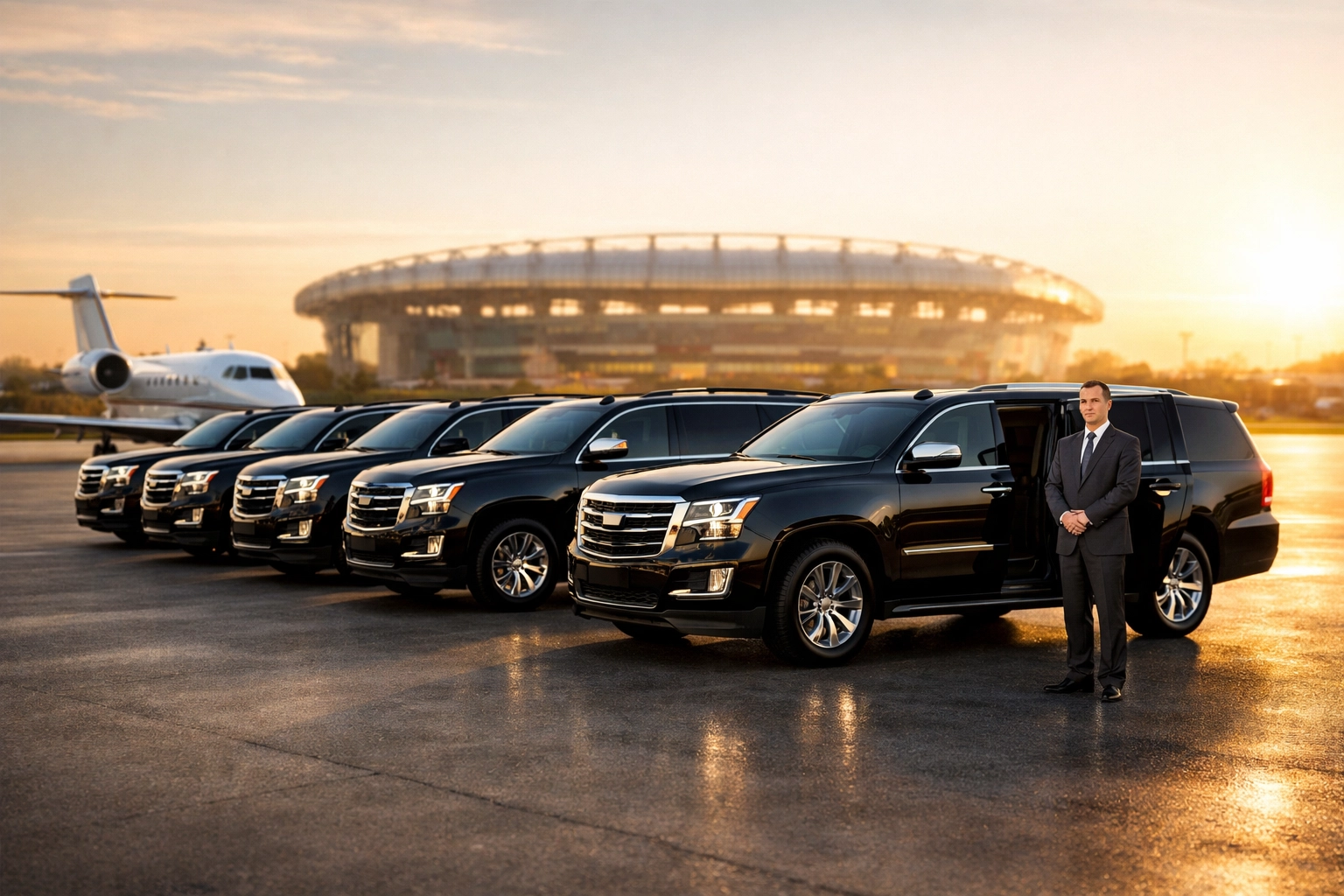 Luxury black SUV fleet at a private airport terminal for seamless corporate event logistics.