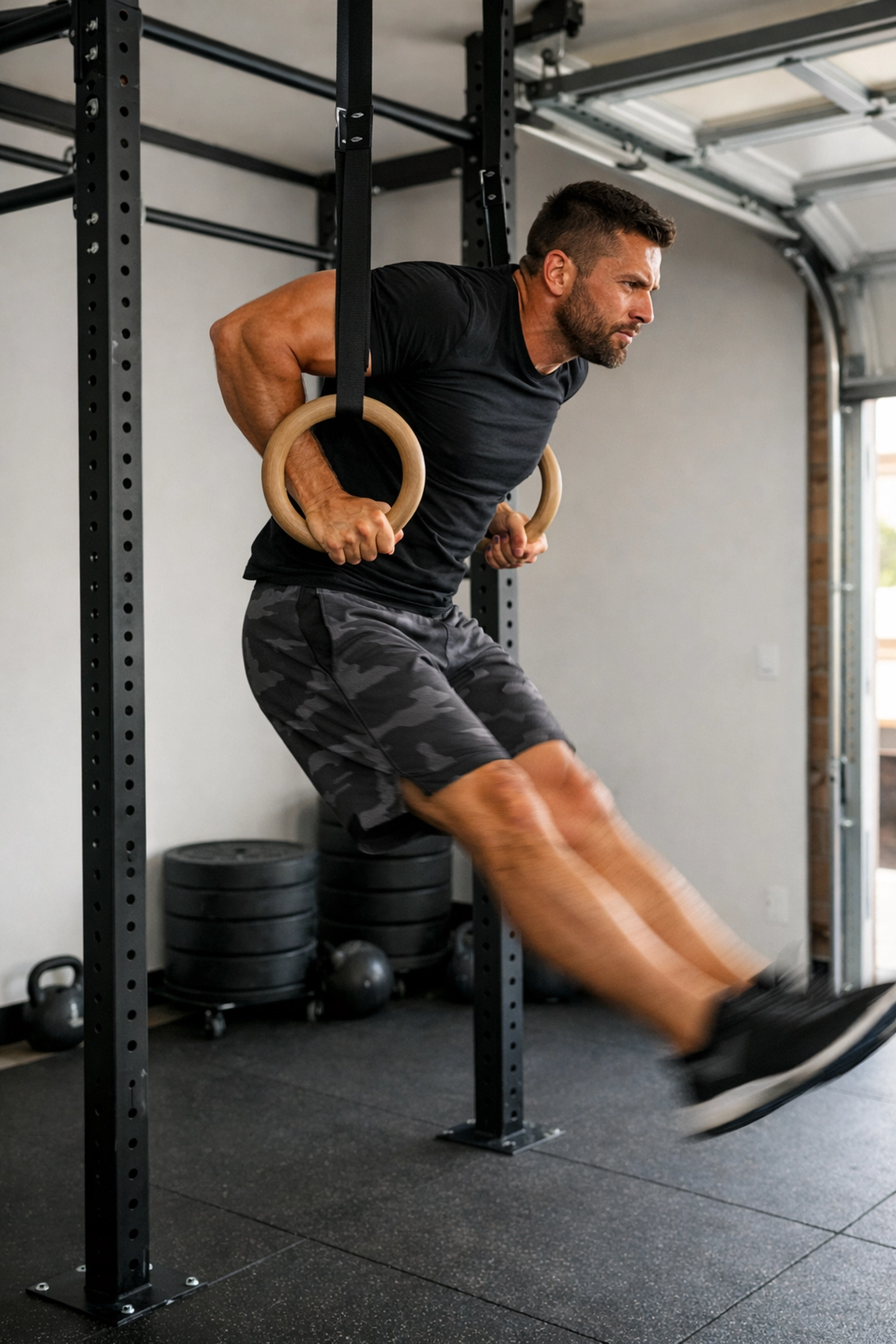 Athlete performing muscle-up on no wall damage workout system in home garage gym