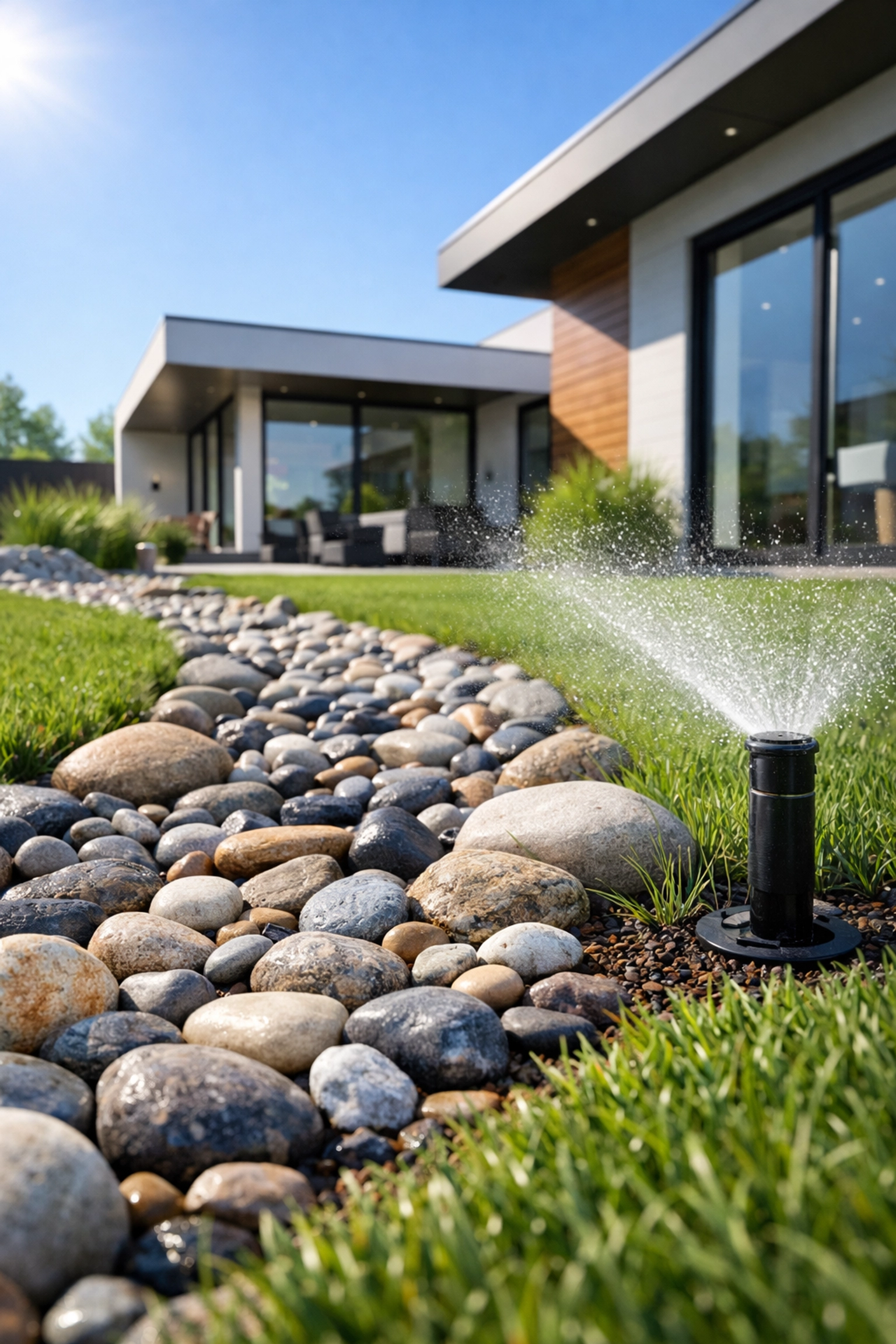 Functional French drain and precision irrigation system installed on a lush green residential lawn.