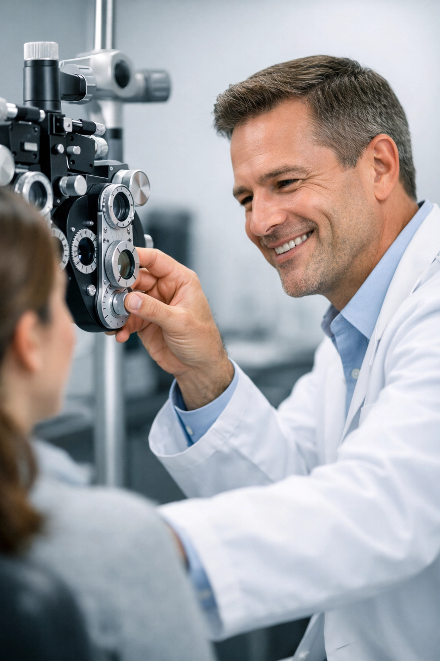 Professional optometrist using a phoropter during a patient exam to illustrate high-quality eye care focus.