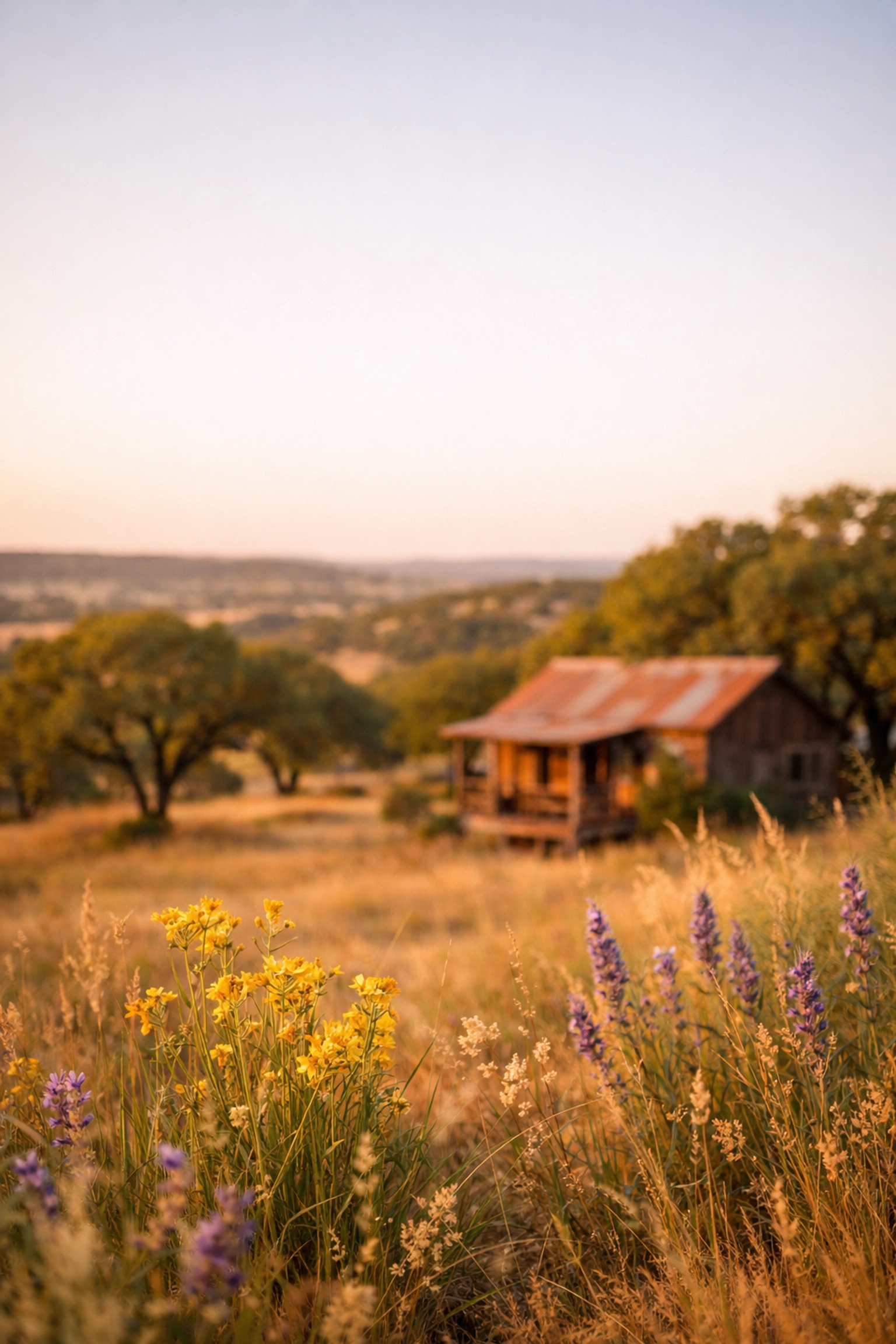 Peaceful Texas Hill Country landscape with rustic cabin for BCBS covered rehab treatment
