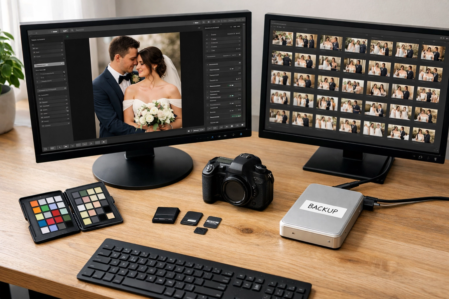 Photography workflow showing photo editing and file management for a premium client booking experience.