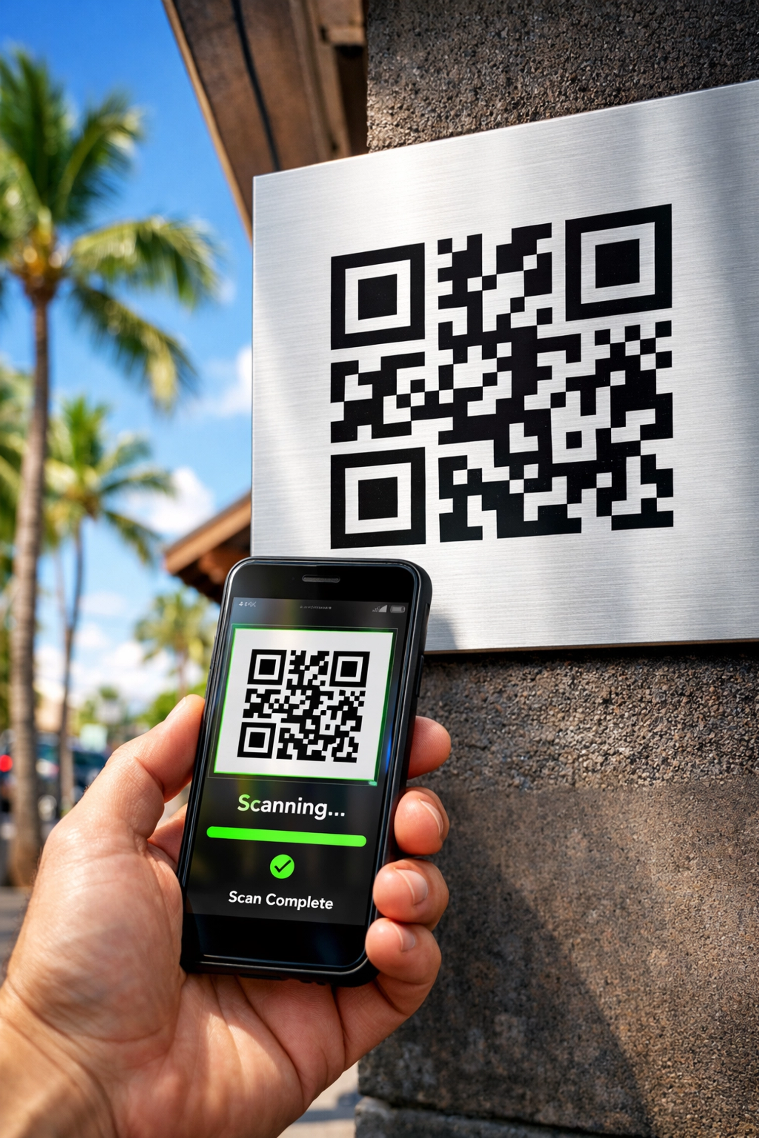 Customer scanning QR code on custom business sign in Kona with smartphone