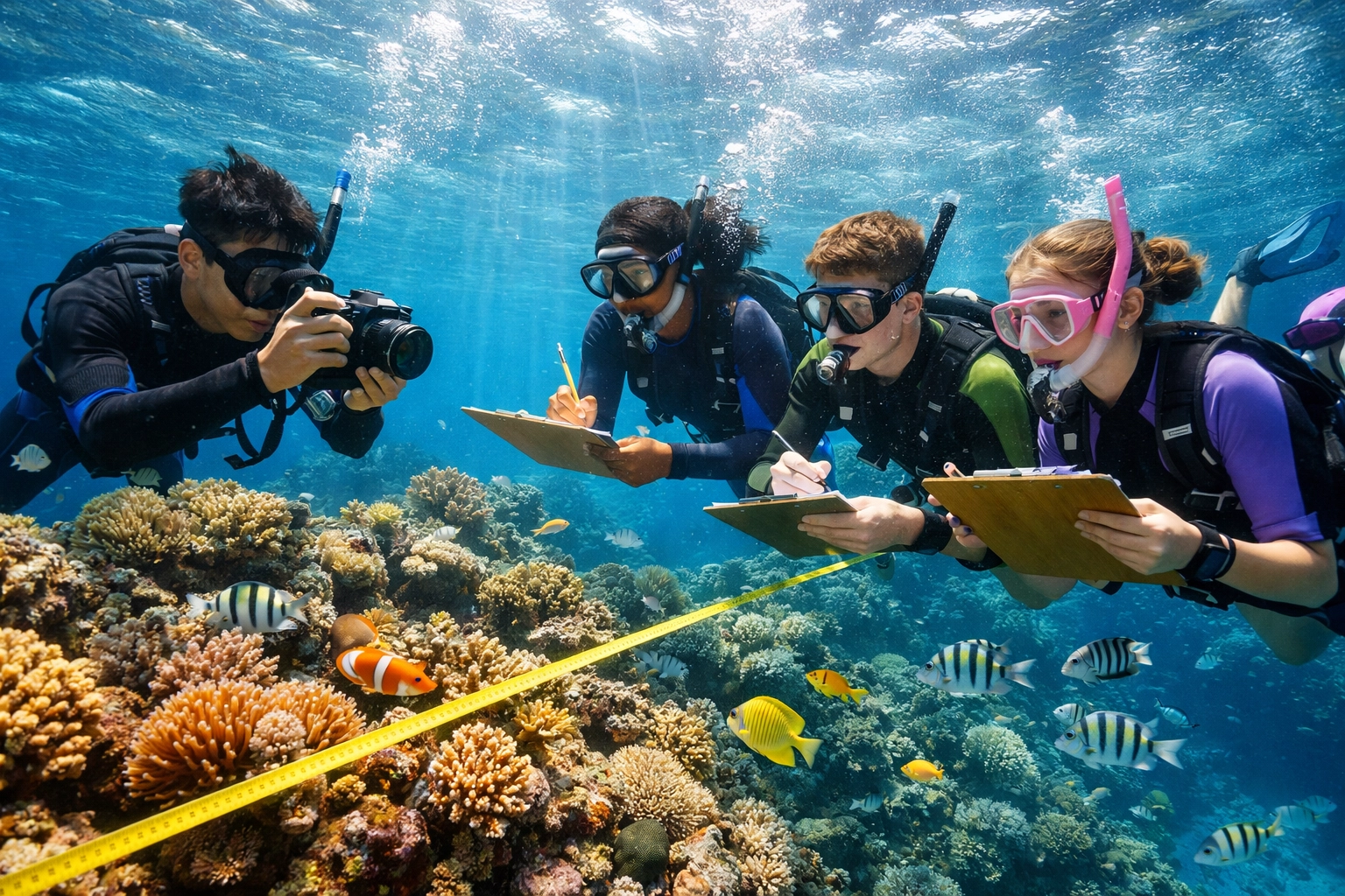 High school students conducting coral reef survey and monitoring in Cayman Islands waters