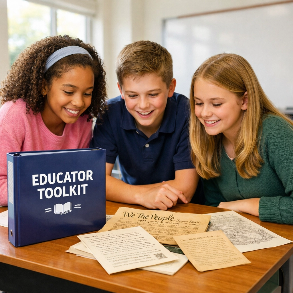 Middle school students using the Educator Toolkit in a classroom to learn about the Pledge of Allegiance.