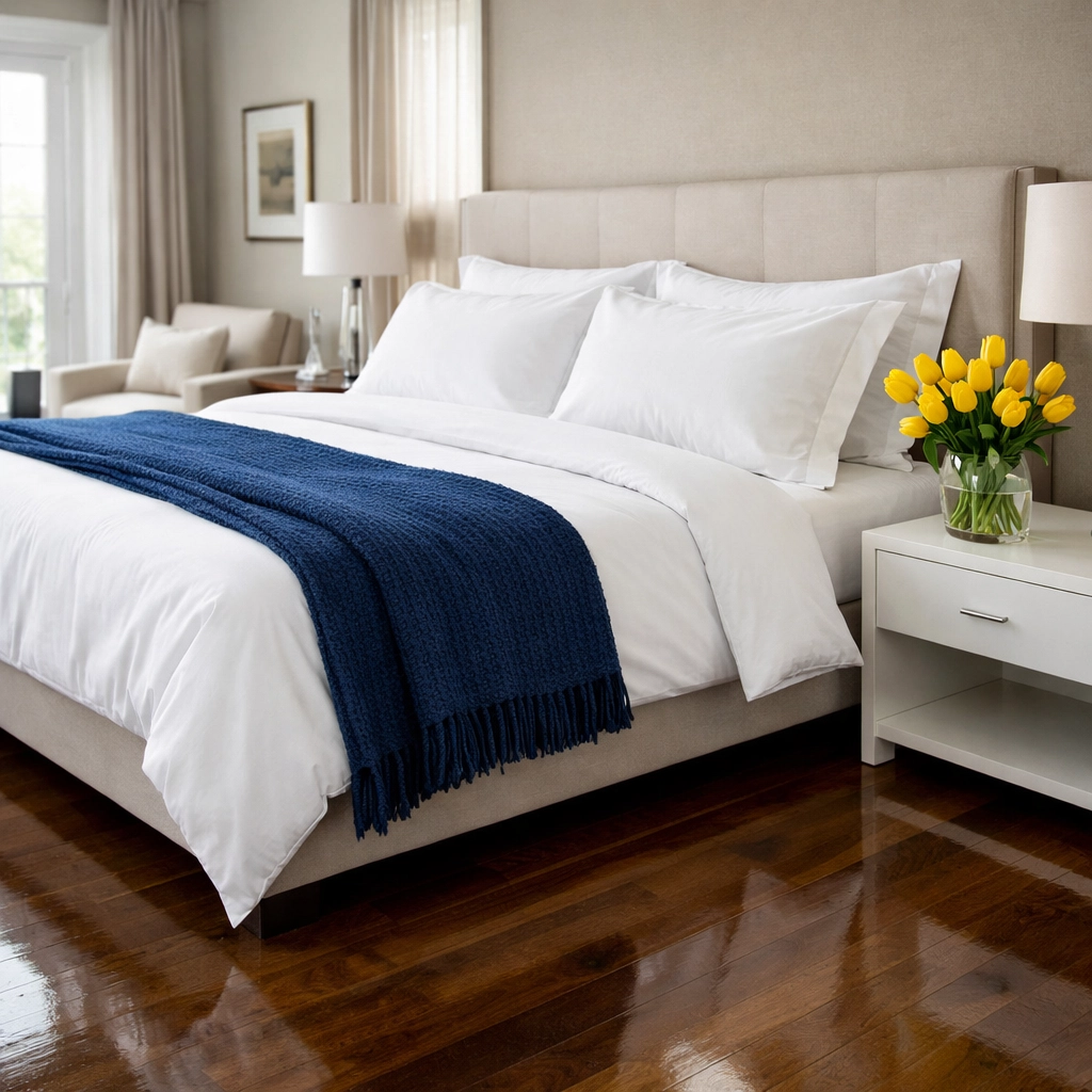 Pristine luxury bedroom after professional residential cleaning MA in a Massachusetts apartment.