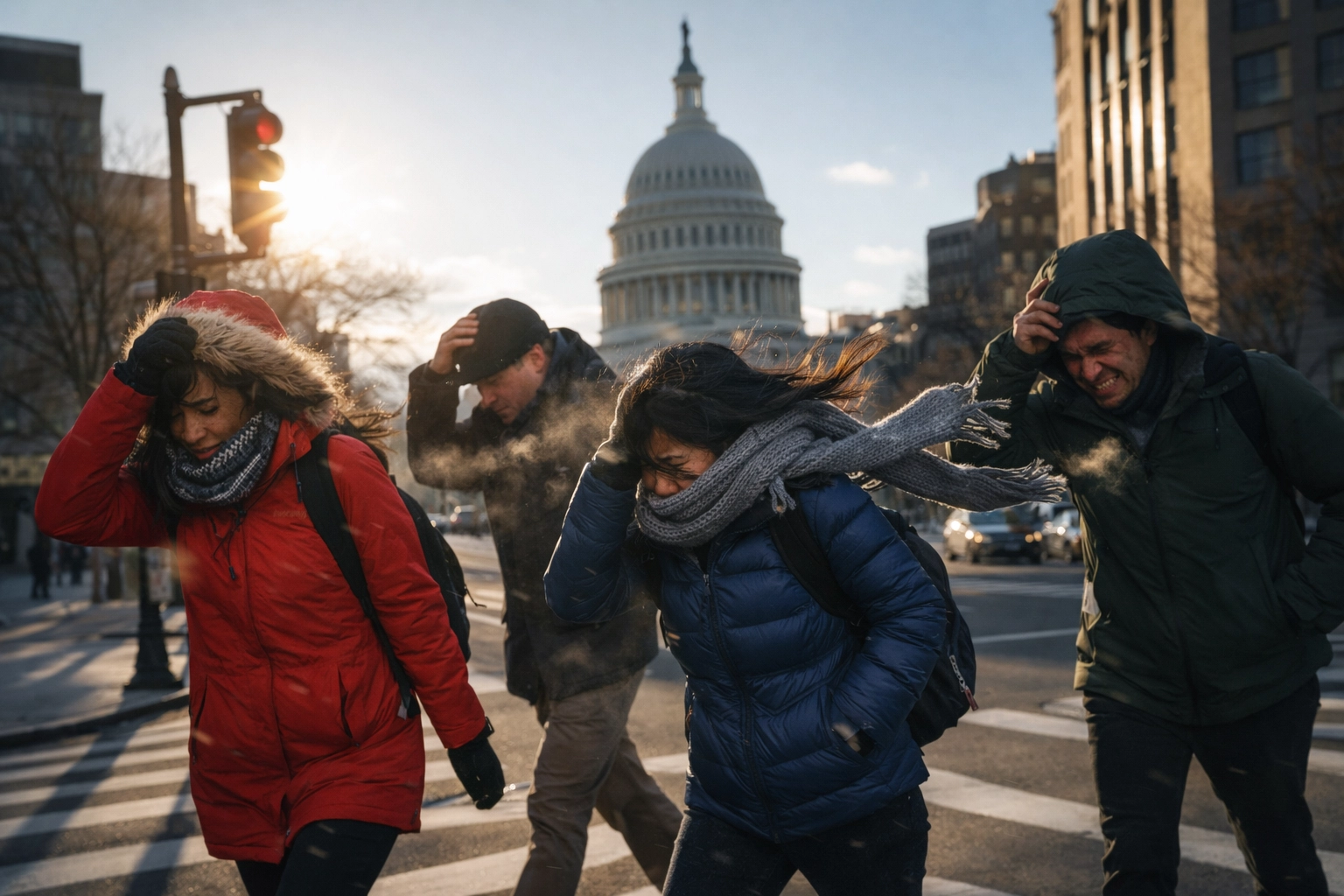 Commuters navigating strong winter winds during a cold afternoon in downtown Washington, D.C.