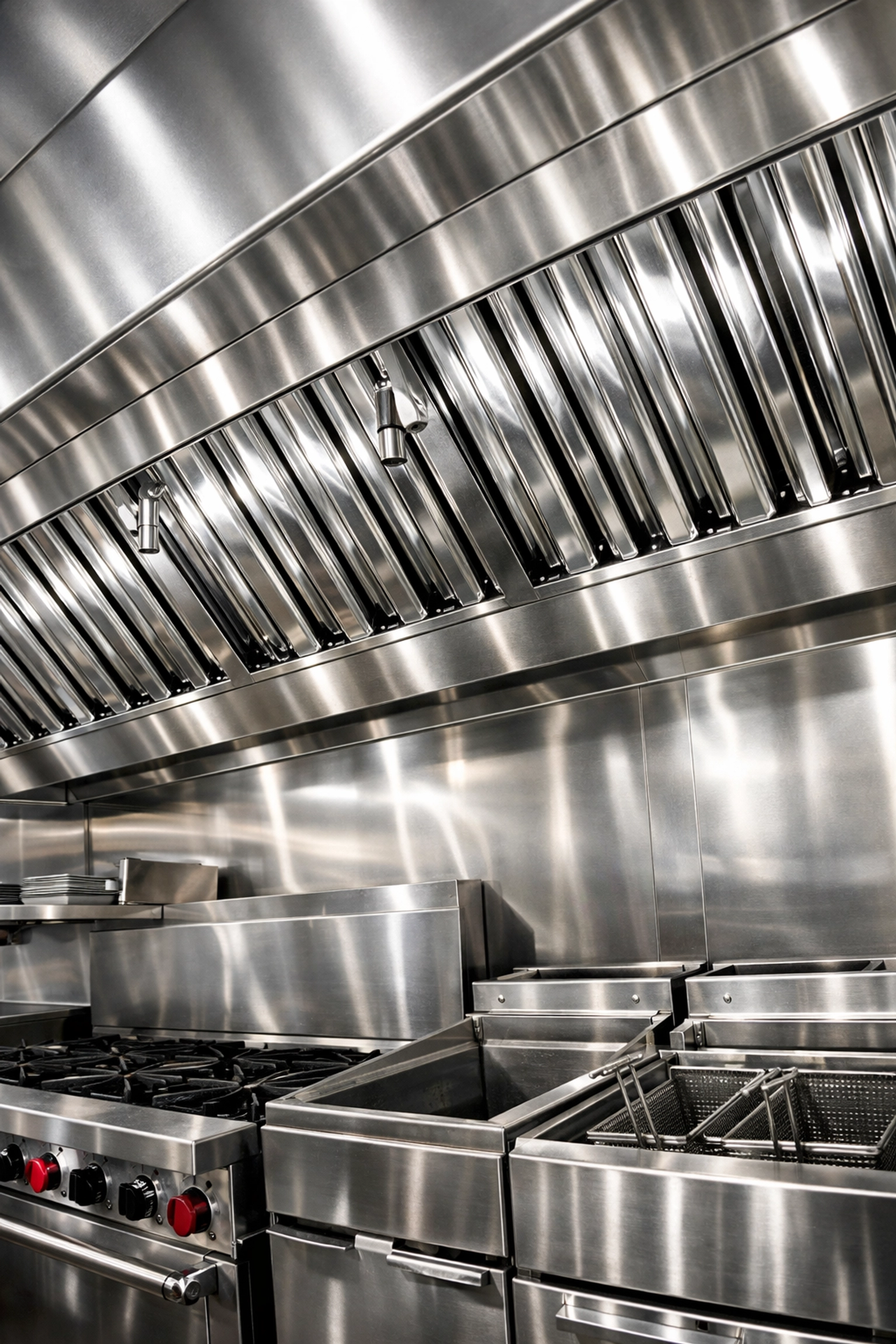 Clean commercial kitchen exhaust hood and range maintained for restaurant fire safety and compliance.