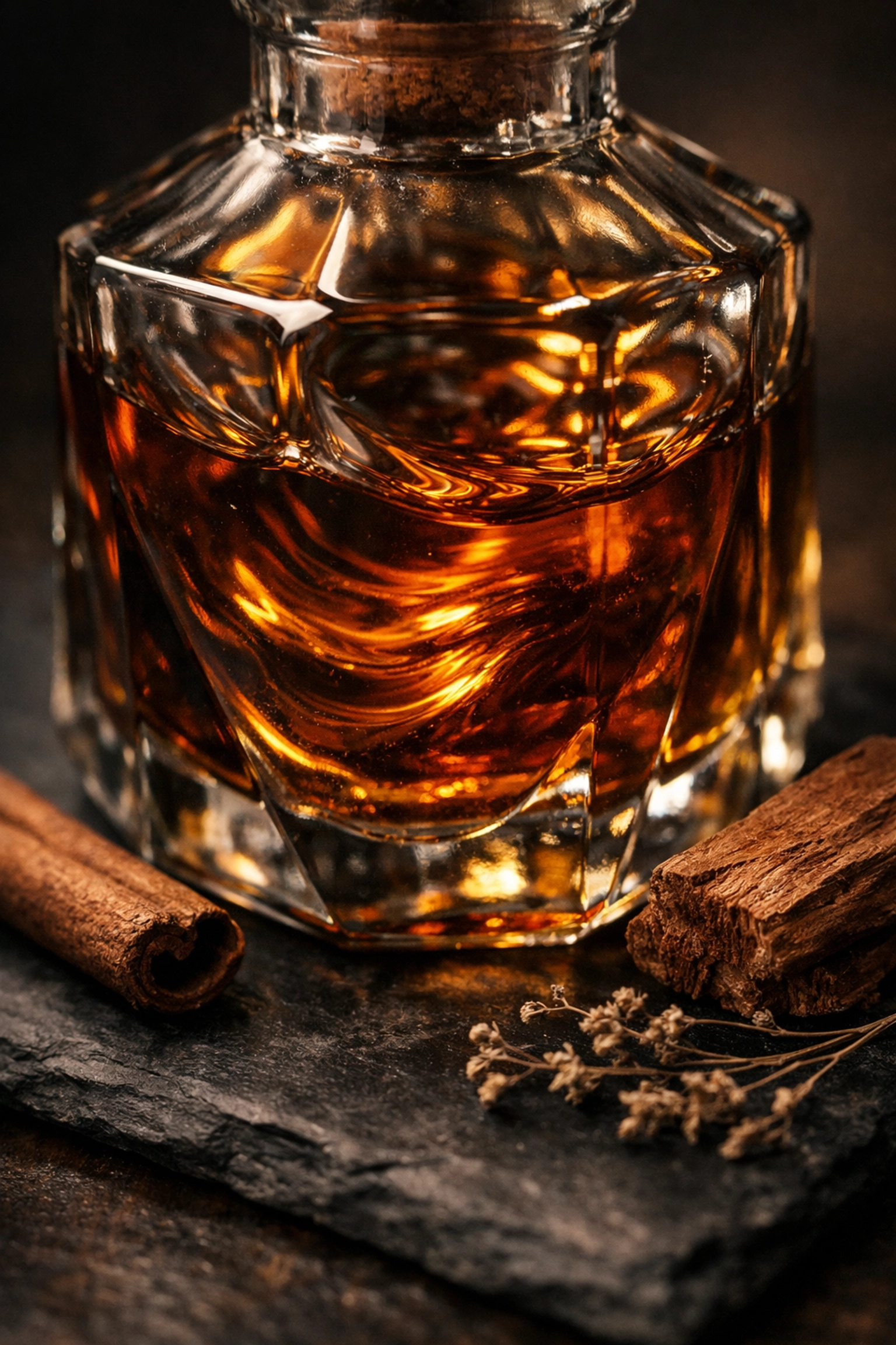 Premium amber beard oil in a glass bottle with sandalwood and cinnamon fragrance ingredients.