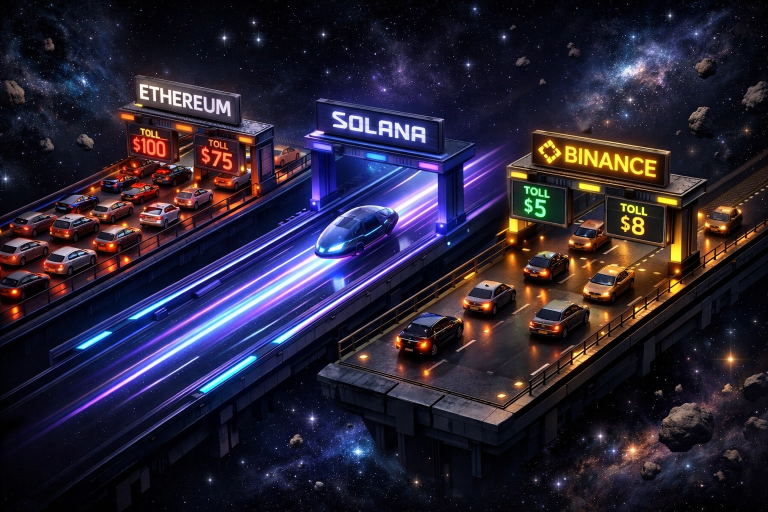 Blockchain gas fee comparison showing Ethereum, Solana, and Binance network transaction costs