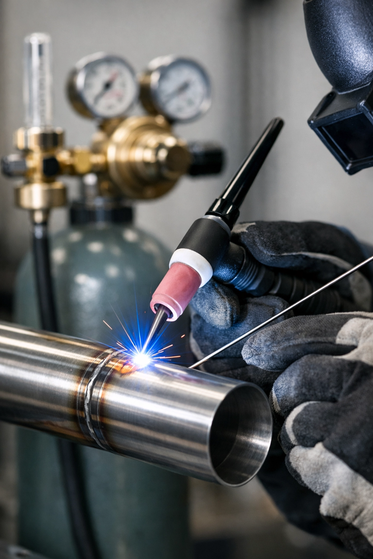 Close-up of TIG welding on stainless steel with a high-pressure refillable cylinder in the background.