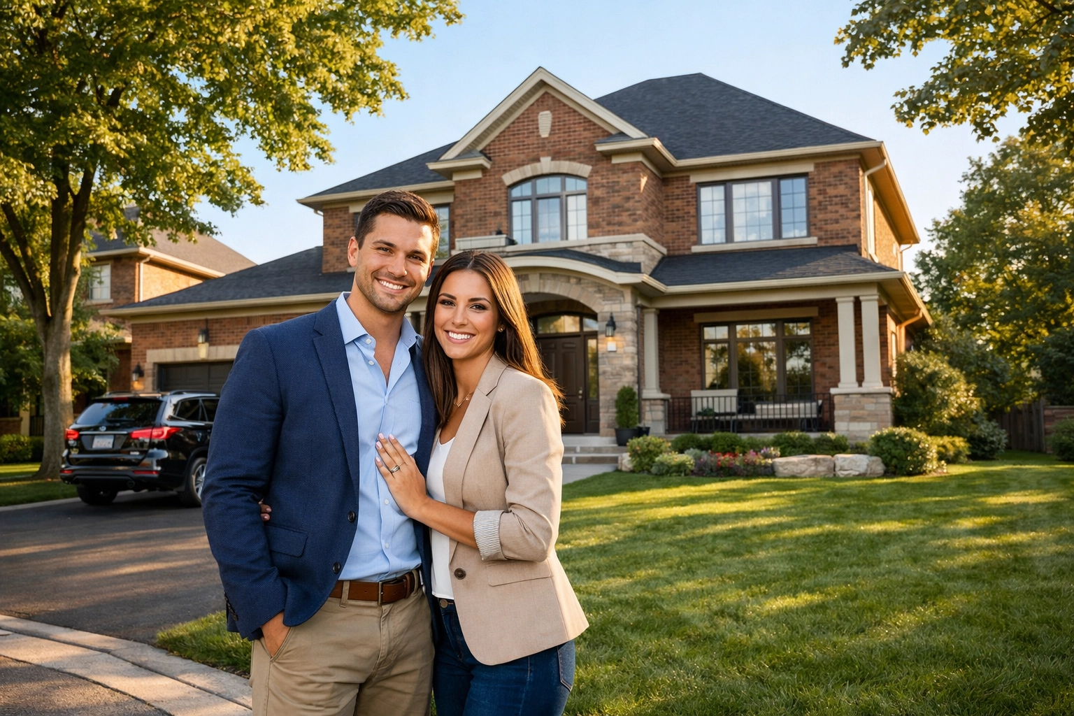 Happy couple standing in front of a modern family home in a quiet Markham residential real estate neighbourhood.