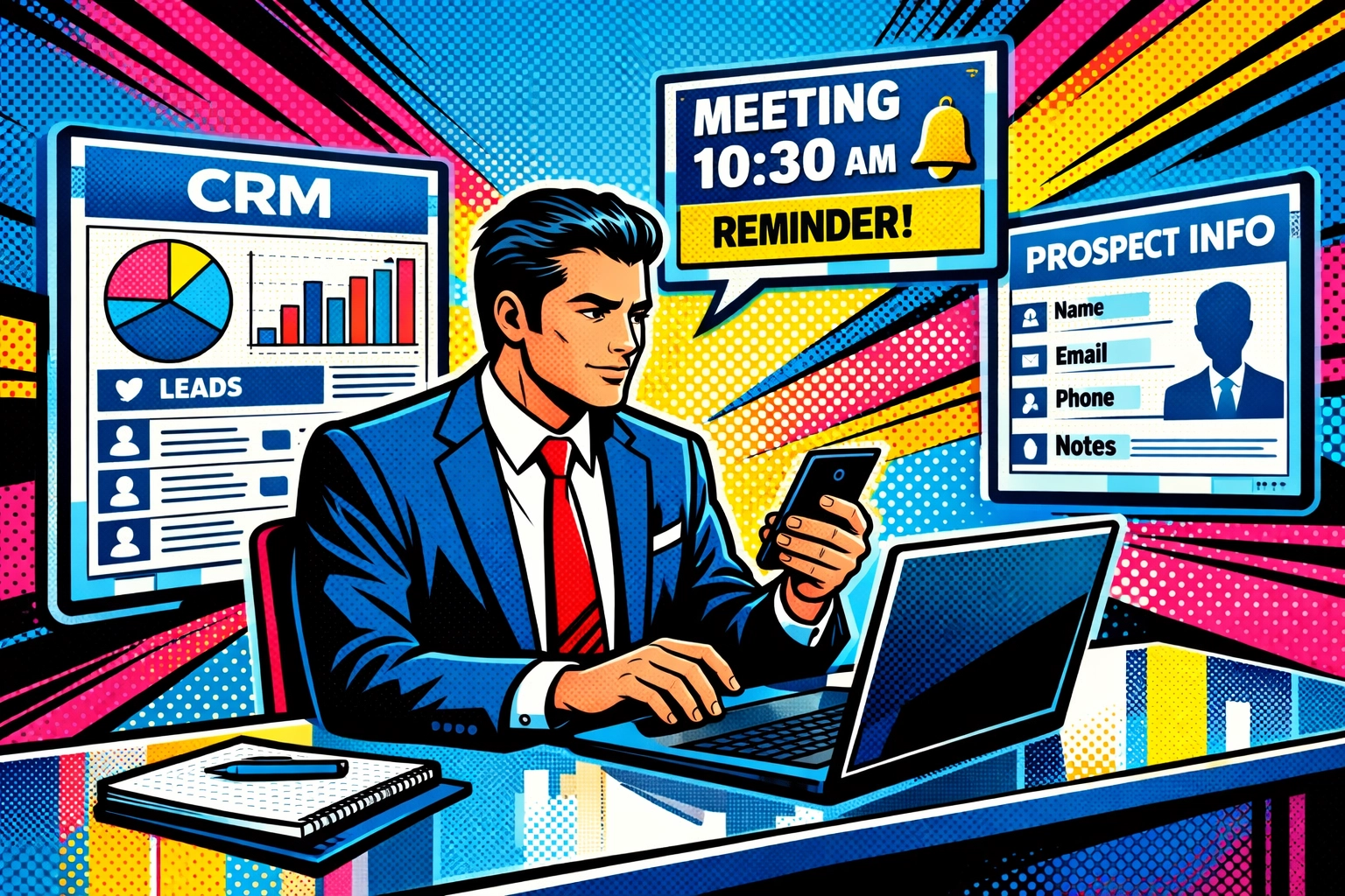 Business professional managing CRM automation with multiple data screens