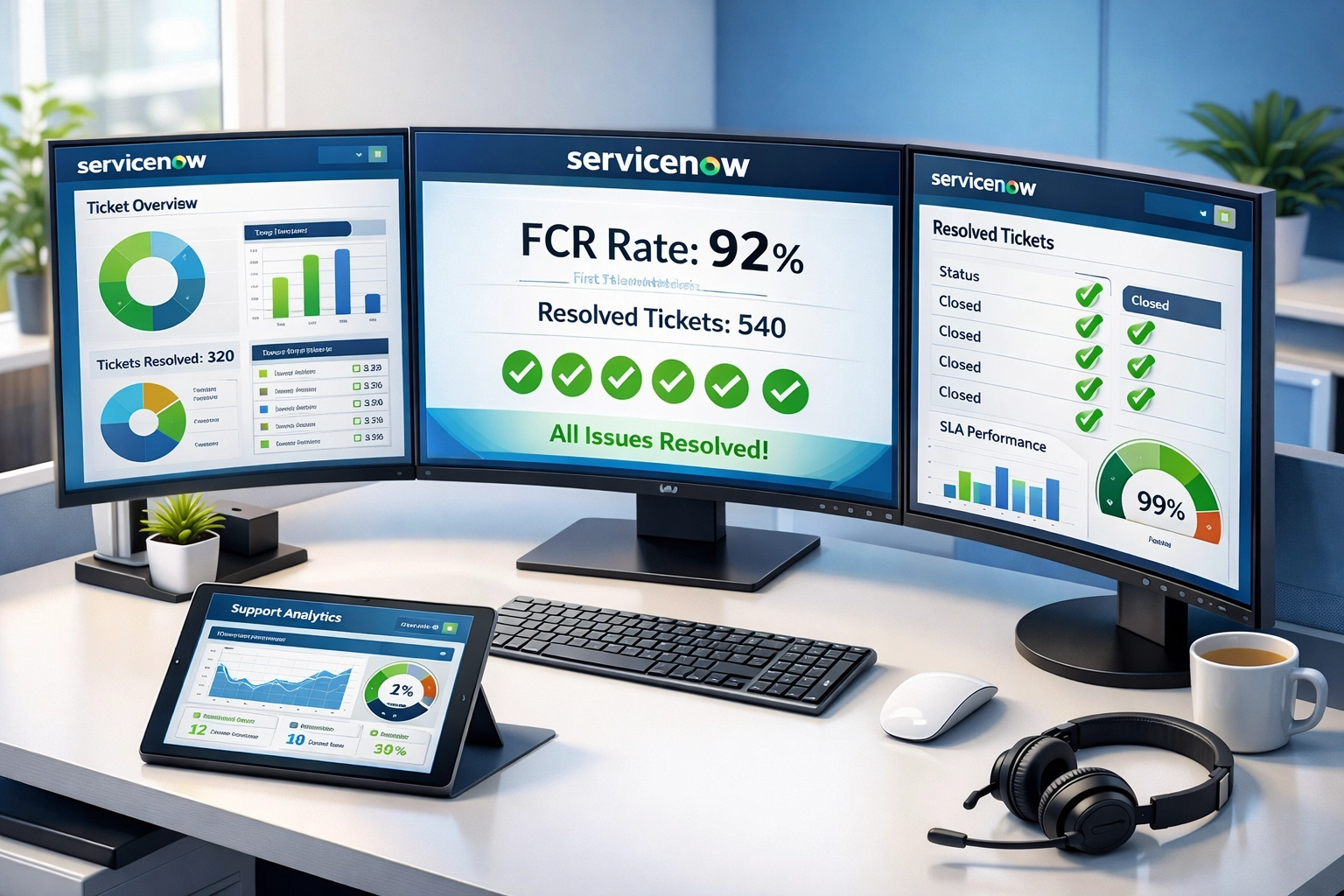 ServiceNow support desk with ticket resolution dashboards showing FCR metrics and implementation success