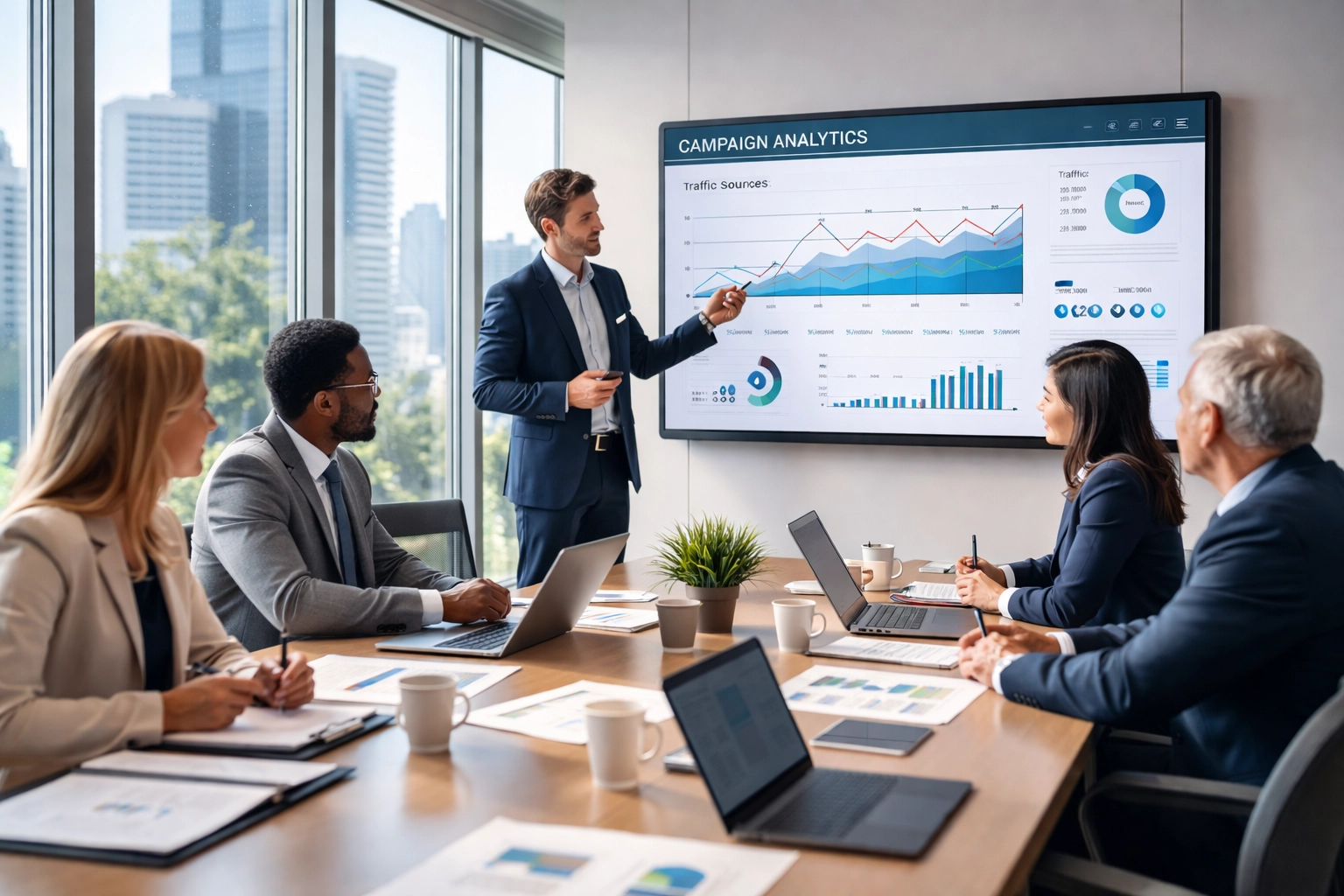Business executives collaborate in a glass-walled conference room, discussing global sports marketing strategies and analytics.
