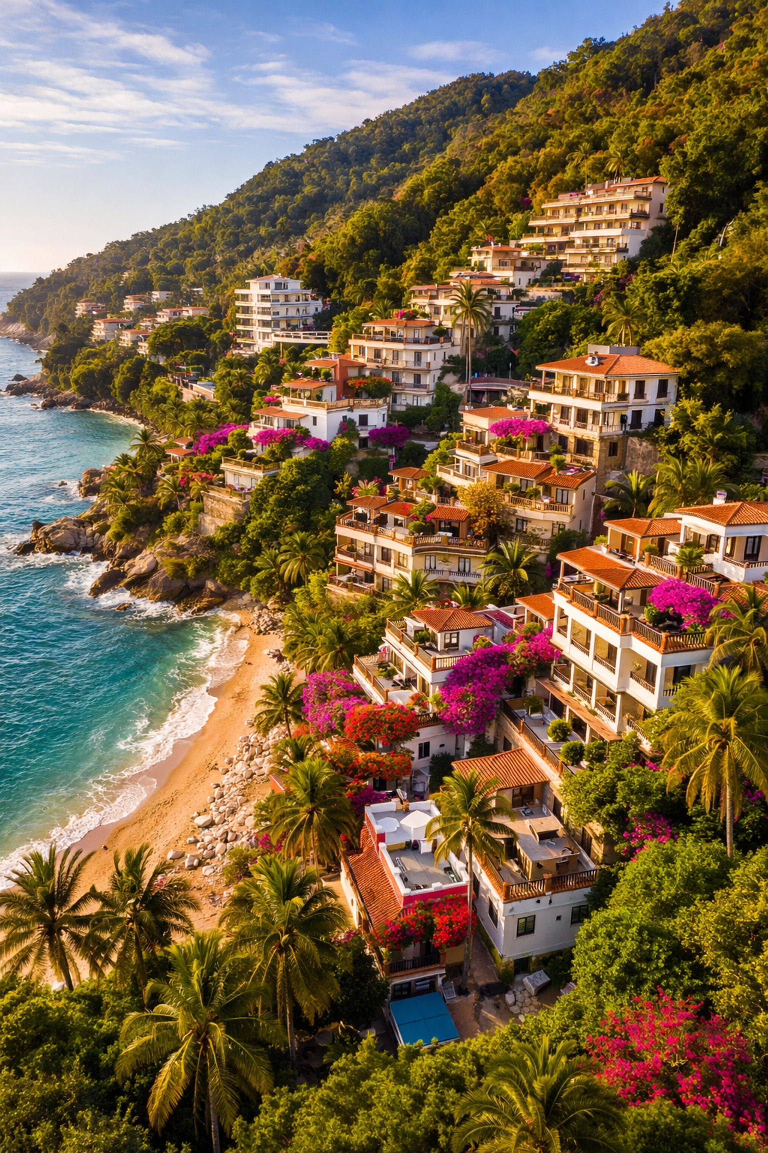Aerial view of Amapas neighborhood in Puerto Vallarta with cascading white buildings, lush hills, and bay scenery