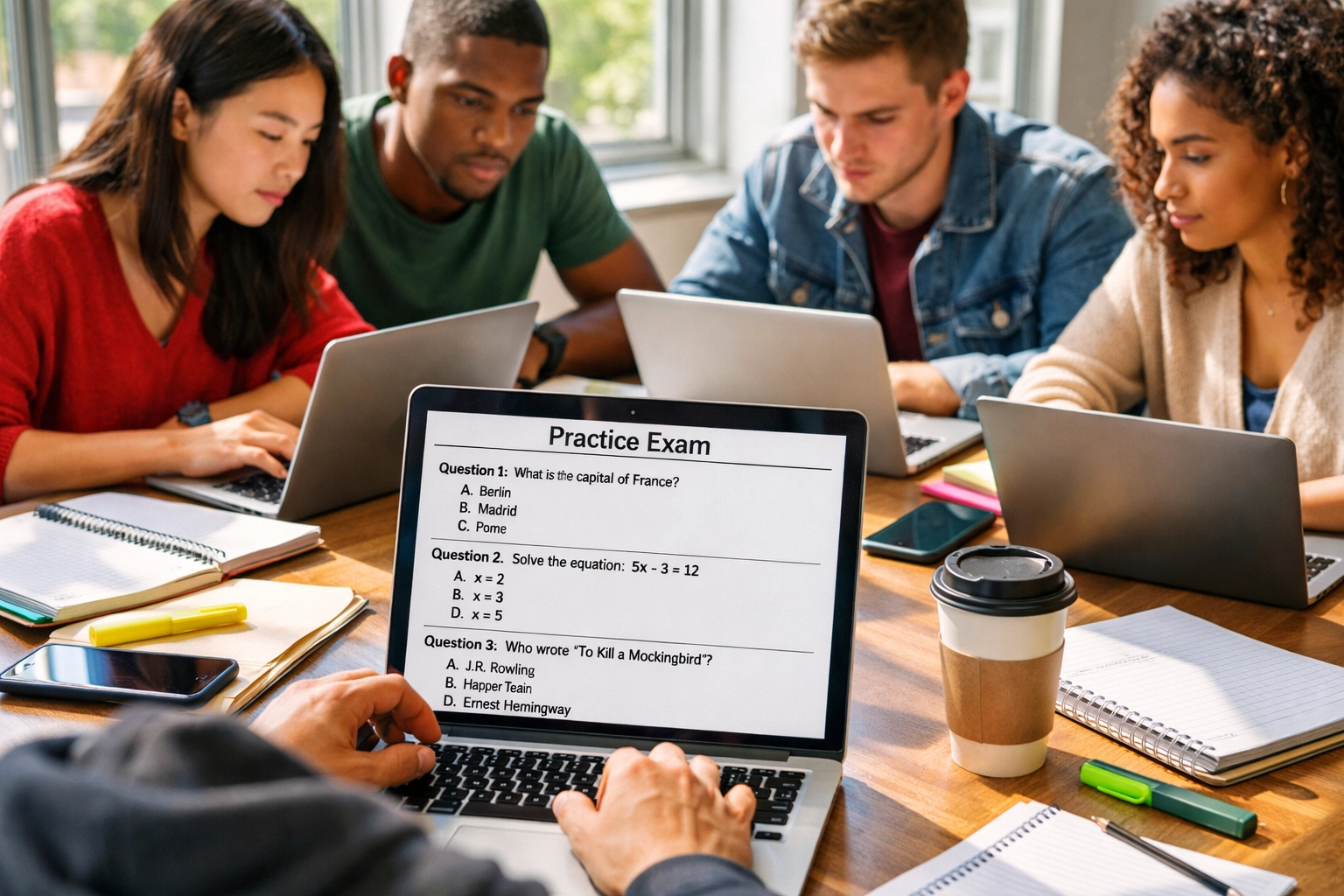 Students studying CLEP and DSST practice exams on laptops with study materials