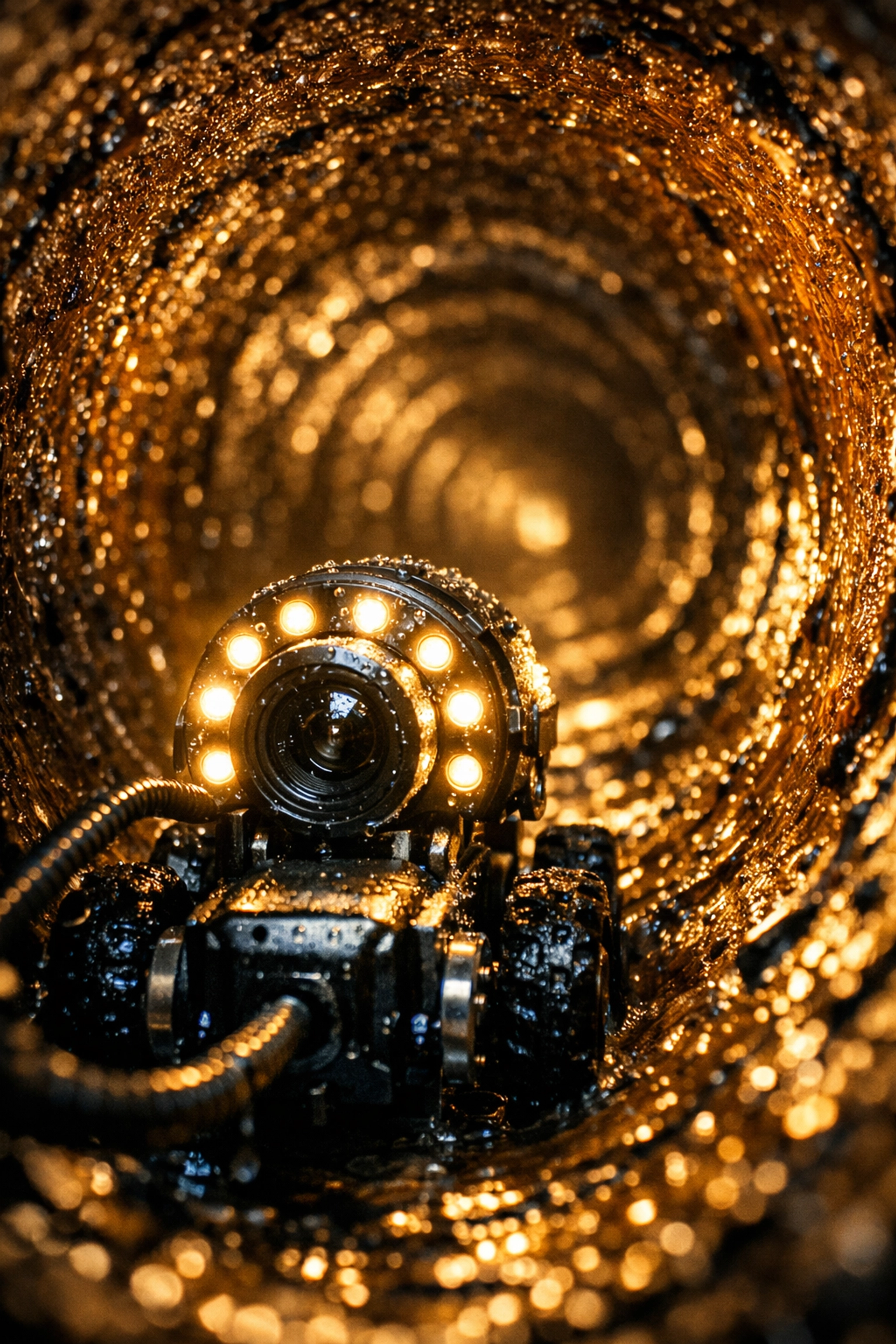 A high-tech sewer camera inspecting the interior of a Thornton clay pipe for cracks and offsets.