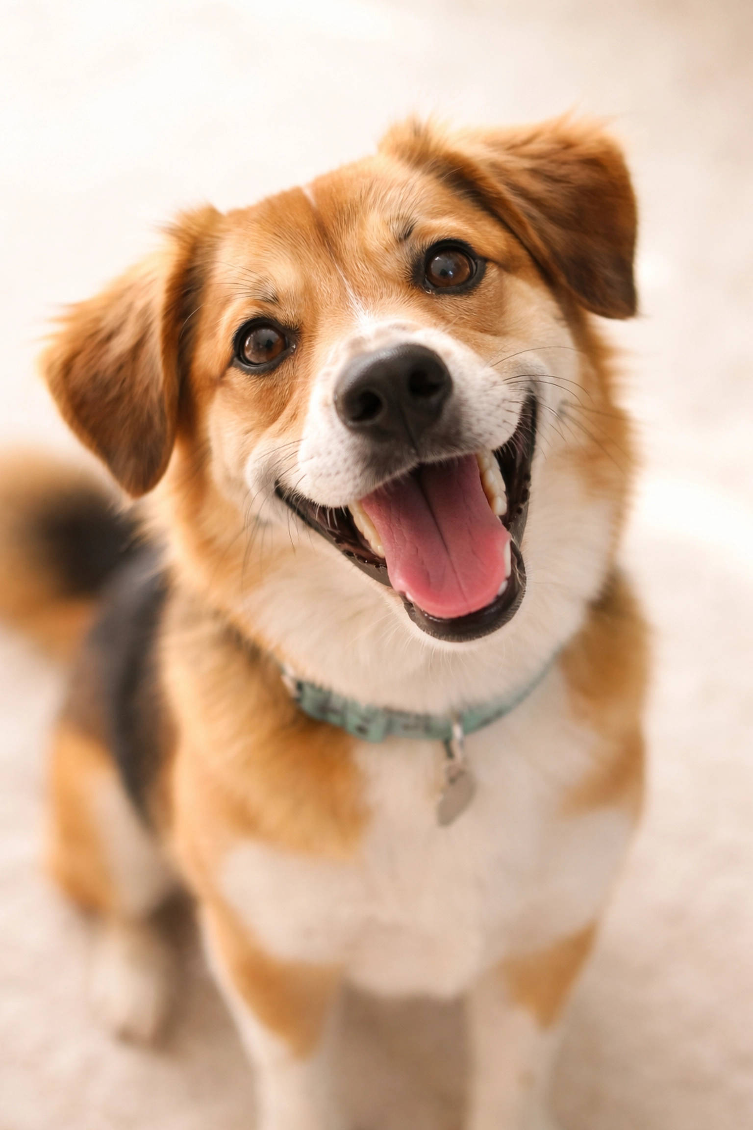 Happy rescue dog with a big smile, perfect for an adoption profile, showing the joy of fostering.