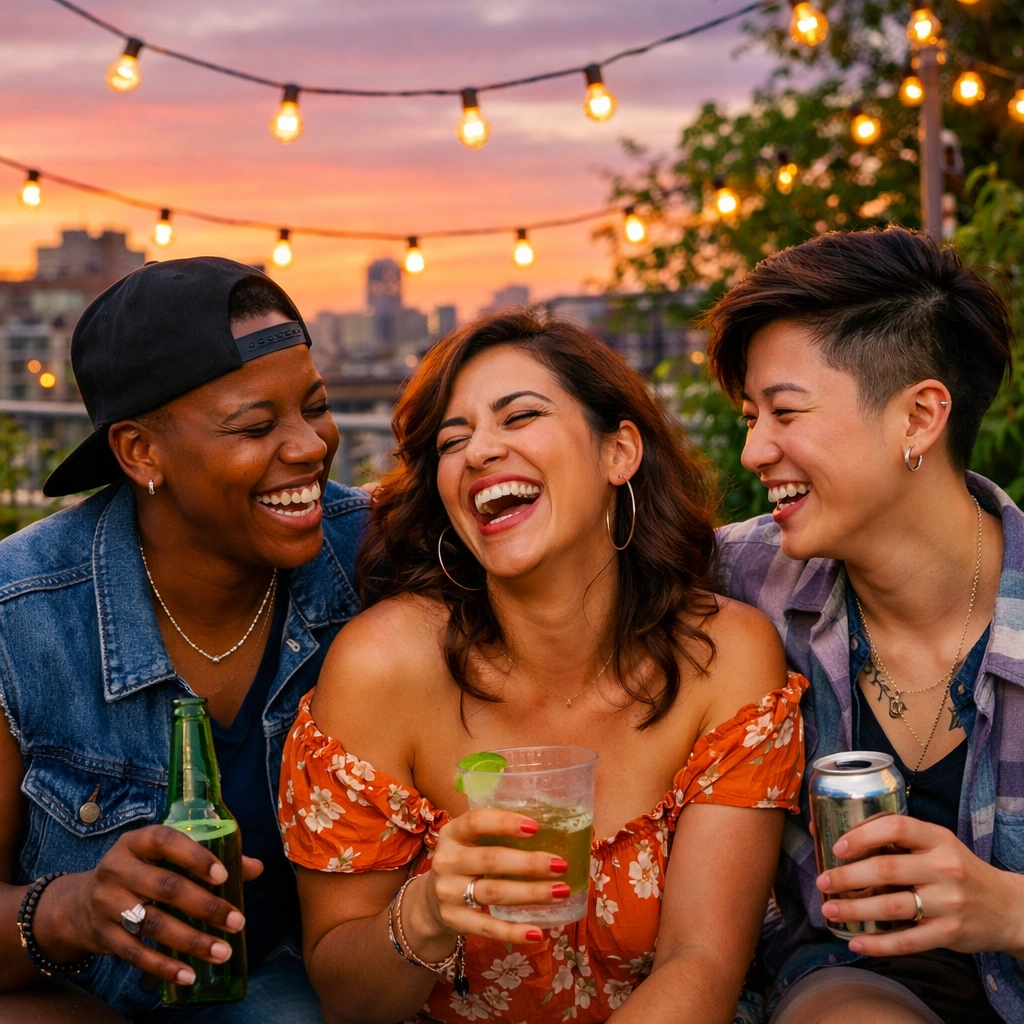 Diverse LGBTQ+ friends laughing on a rooftop at sunset, representing intersectional community and queer joy.