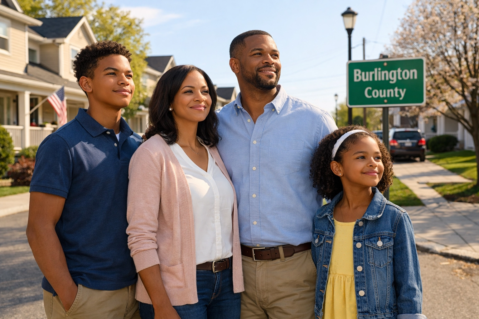 Resilient family standing with confidence on a sunny Burlington County street after rebuilding their lives.