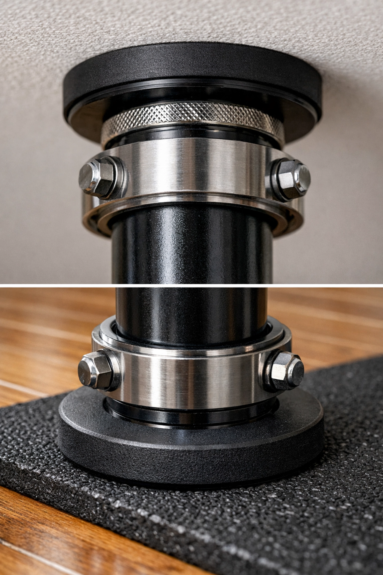 Detail of a no wall damage workout system with stable pressure plates for a floor to ceiling home gym.