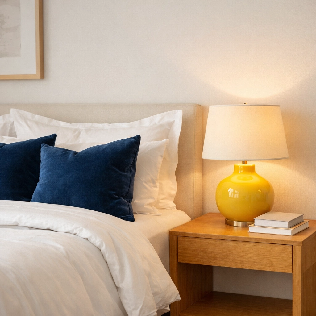 Dust-free nightstand and made bed from a professional house cleaning in Chelmsford, MA service.