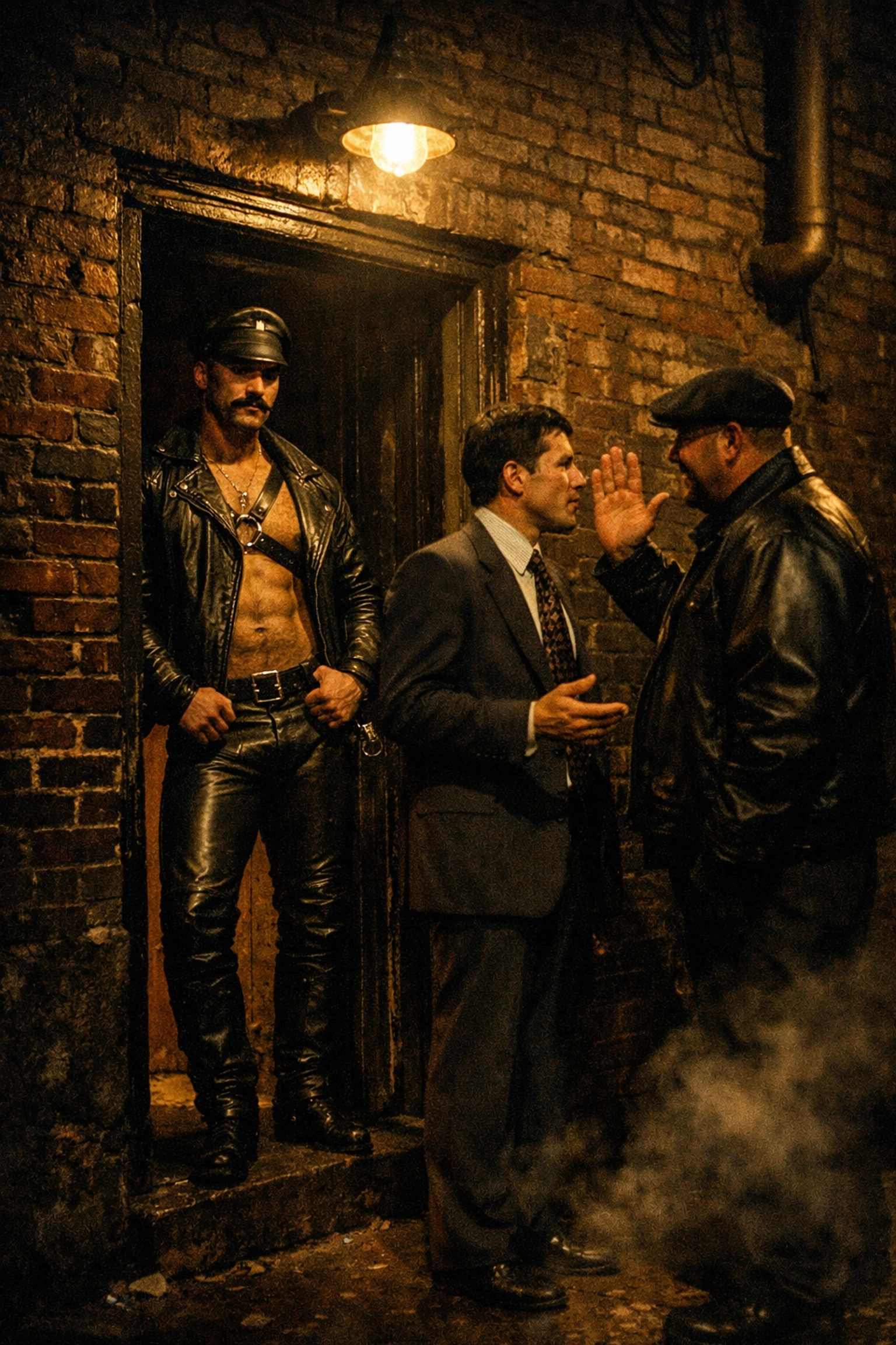 Doorman enforcing no-suits policy at legendary Mineshaft gay leather bar NYC